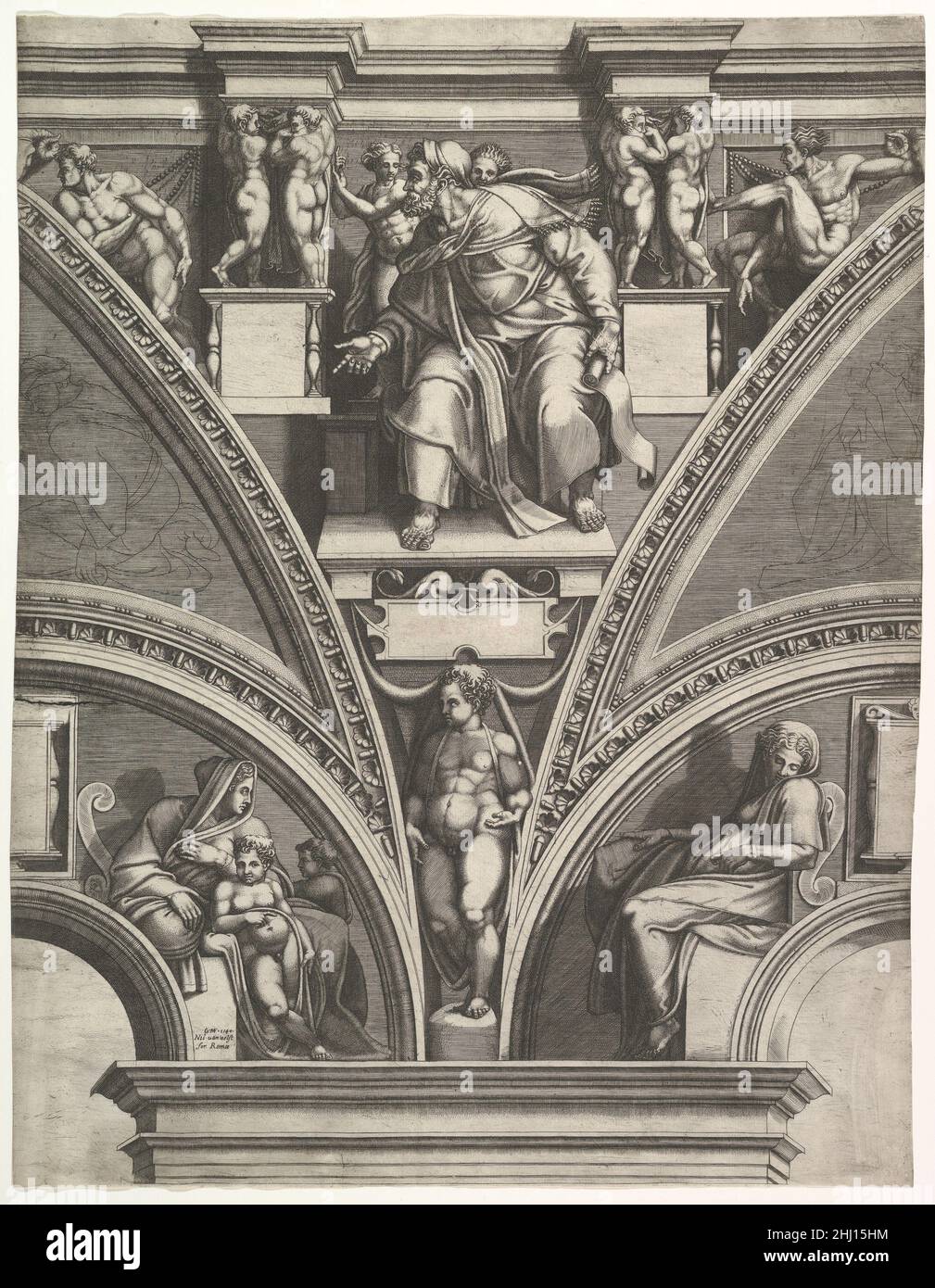 Der Prophet Hesekiel; aus der Serie der Propheten und Sibyllen in der Sixtinischen Kapelle 1570–75 Giorgio Ghisi Italienisch. Der Prophet Hesekiel; aus der Serie der Propheten und Sibyllen in der Sixtinischen Kapelle 360376 Stockfoto