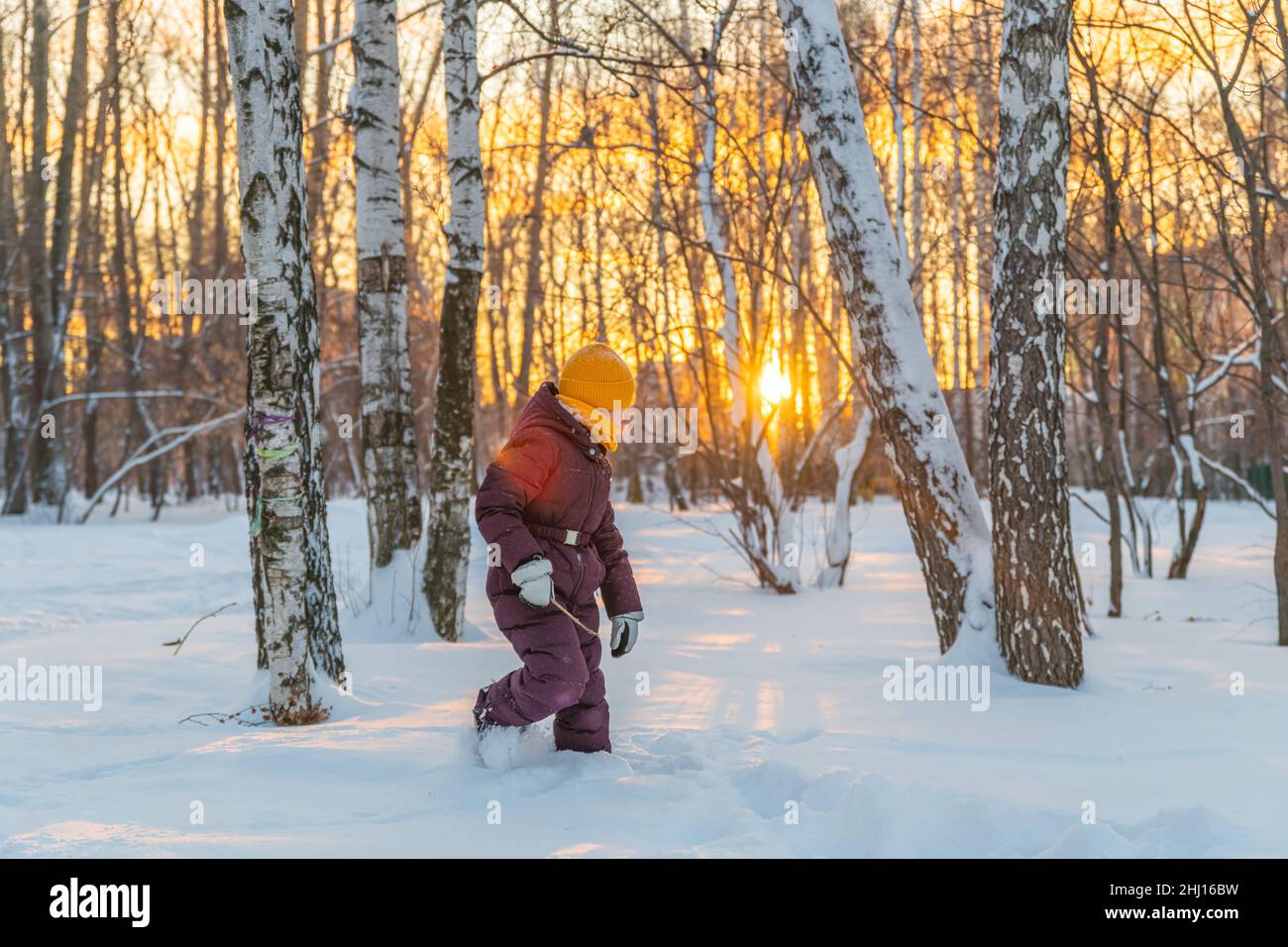 Ein Mädchen in einem warmen Jumpsuit geht durch einen winterverschneiten Wald Stockfoto