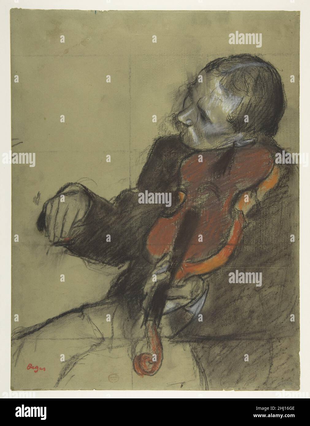 Violinist, Studie für 'The Dance Lesson' ca. 1878–79 Edgar Degas der Franzose Degas vermittelte in diesem Werk sensibel die Verbindung eines Musikers mit seinem Instrument. Es stellt eine Zwischenstufe in der Entwicklung des Geigers dar, der in 'The Dance Lesson' (1971,185) vorgestellt wird. Auf der Grundlage einer eher vorläufigen Skizze arbeitete Degas die Komposition in Pastell auf und quadratisch für den Transfer. Seltsamerweise führte er es auf der Rückseite der Werbung eines Buchhändlers aus; der grüne Ton des Papiers passte jedoch perfekt zur Verwendung von Pastell. Violinist, Studium für „The Dance Lesson“. Edgar Degas (Französisch, Paris 1834–1917 Stockfoto