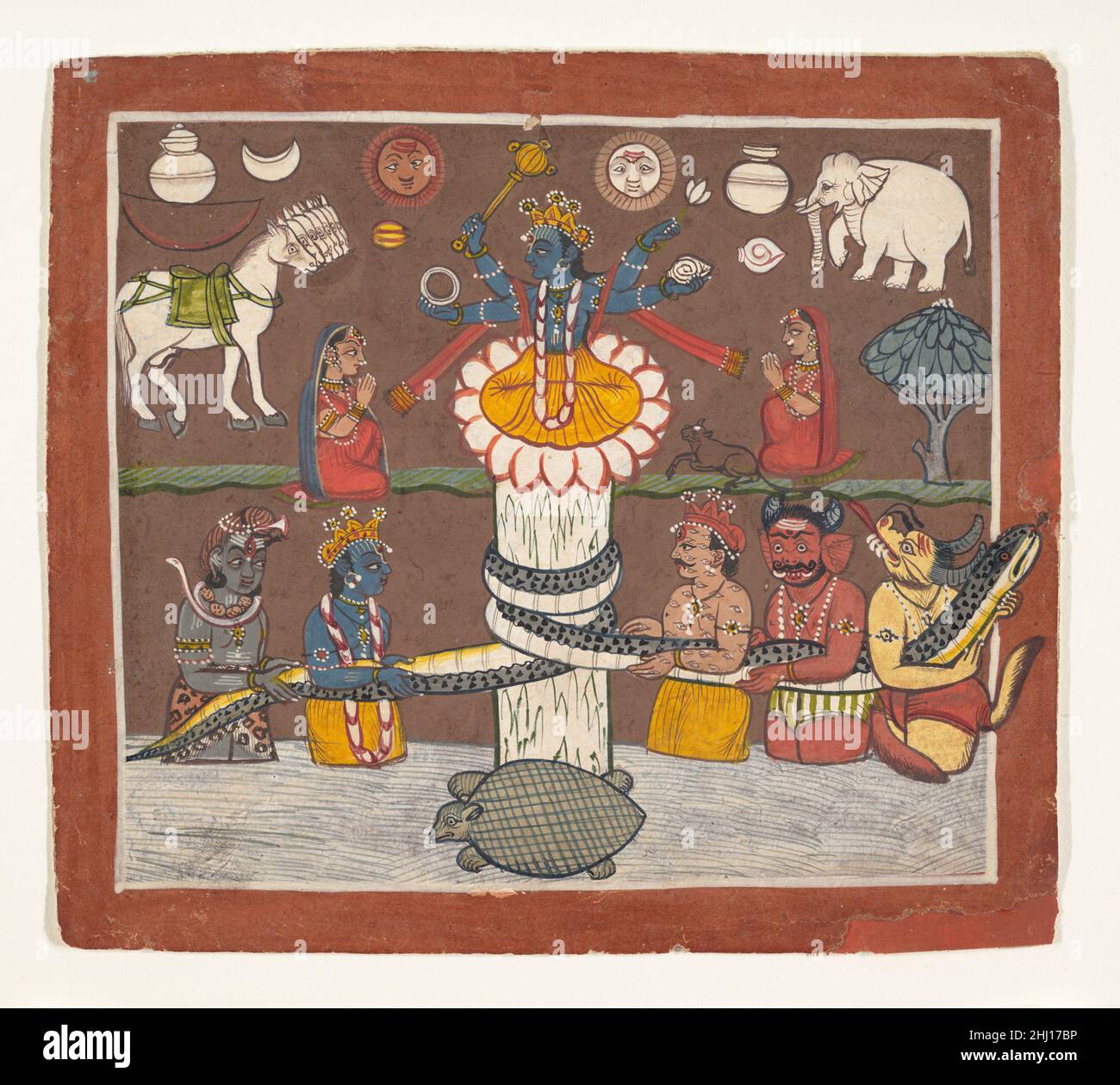 Das Churning des Ocean of Milk ca. 1780–90 Indien (Punjab Hill, Mandi) zur Zeit der großen Sintflut vor Äonen gingen viele Schätze – darunter amrita, der Nektar der Unsterblichkeit – unter dem Urmeer verloren. Götter und Dämonen, die immer noch um die Macht jokten, beschlossen, diese mächtigen Objekte aus den wässrigen Tiefen zu erheben. Sie nahmen die Schlange Vasuki als Seil an, um den Berg Mandara zu drehen, und Vishnu nahm seinen Schildkrötenavatar an, um den riesigen Drehpunkt zu unterstützen. Die Dämonen, die dazu verleitet wurden, den Kopf der Schlange zu ziehen, wurden durch ihren giftigen Atem geschwächt. Hier sind viele der Schätze bereits Rais gewesen Stockfoto Das Churning des Ocean of Milk ca. 1780–90 Indien (Punjab Hill, Mandi) zur Zeit der großen Sintflut vor Äonen gingen viele Schätze – darunter amrita, der Nektar der Unsterblichkeit – unter dem Urmeer verloren. Götter und Dämonen, die immer noch um die Macht jokten, beschlossen, diese mächtigen Objekte aus den wässrigen Tiefen zu erheben. Sie nahmen die Schlange Vasuki als Seil an, um den Berg Mandara zu drehen, und Vishnu nahm seinen Schildkrötenavatar an, um den riesigen Drehpunkt zu unterstützen. Die Dämonen, die dazu verleitet wurden, den Kopf der Schlange zu ziehen, wurden durch ihren giftigen Atem geschwächt. Hier sind viele der Schätze bereits Rais gewesen Stockfoto