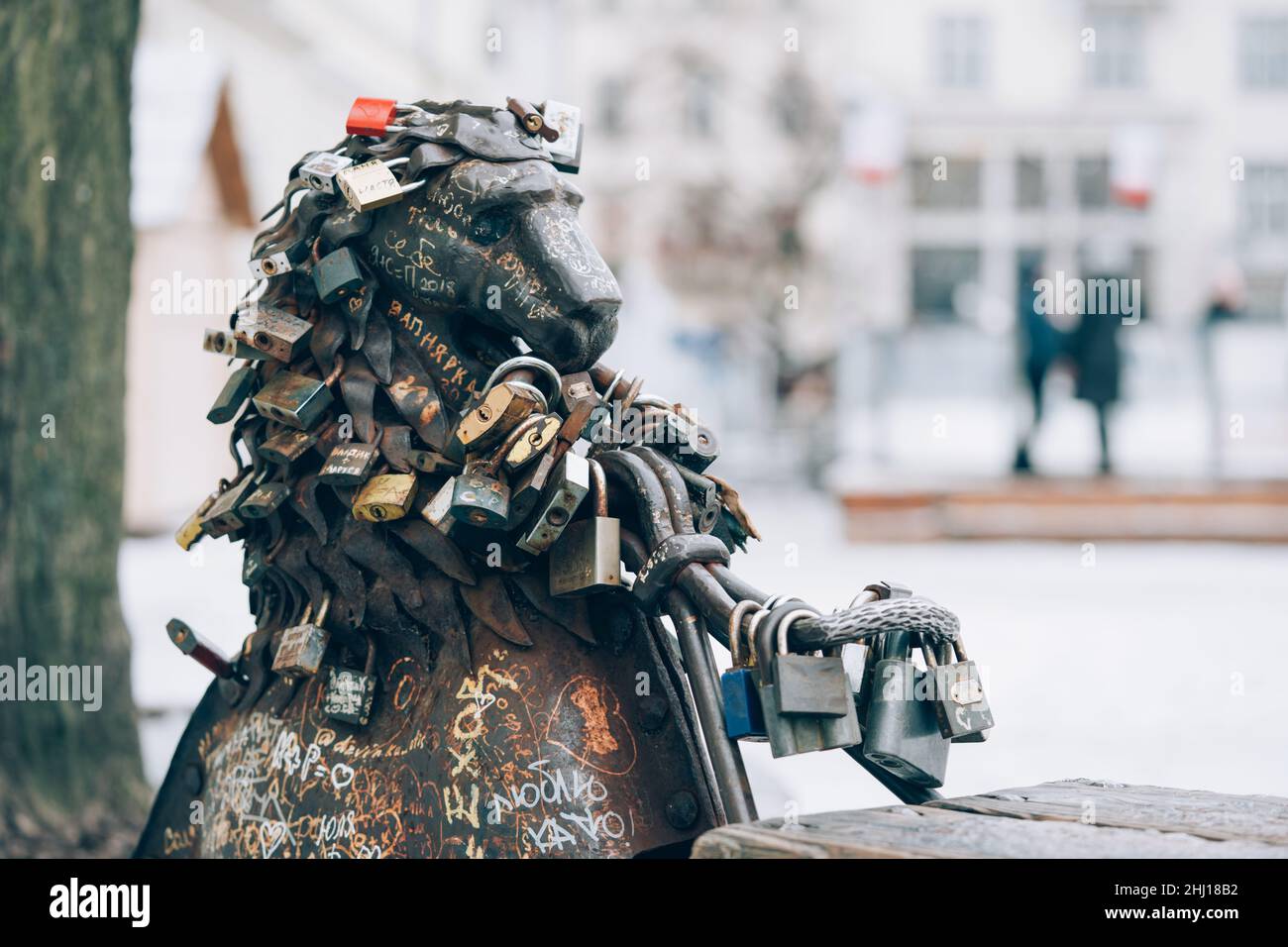 Lviv, Ukraine - 19. Januar 2022 : verschiedene Liebesschlösser auf der Bank mit Bronze Löwen Skulptur im Zentrum der Altstadt von Lviv. Lviv Tourist Stockfoto