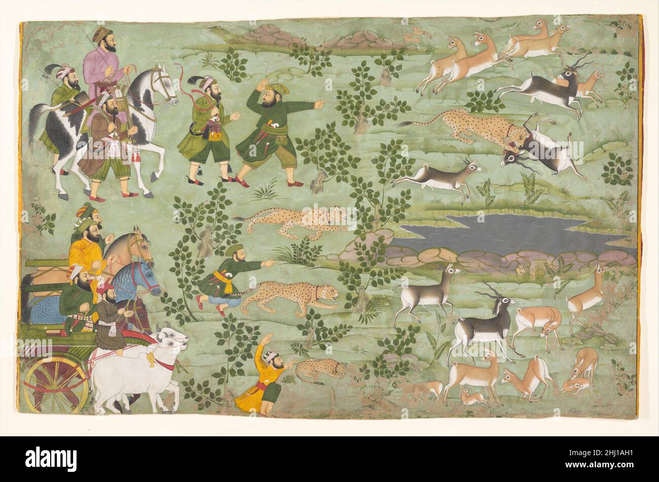 Shah Jahan Jagd Blackbuck mit ausgebildeten Geparden 1710–15 Westindien, Rajasthan, Udaipur Dies ist eine von einer kleinen Gruppe von raffinierten, naturalistischen Gemälden in der Mogulweise am Mewar Gericht in Udaipur, Rajasthan, am Anfang des achtzehnten Jahrhunderts, während der Herrschaft des Maharana Sangram Singh gemacht (r. 1710–34). Dieses Werk ist ungewöhnlich, weil es erinnert an eine Jagd, die in der Mitte des vorigen Jahrhunderts aufgetreten: Das Porträt des Reiters scheint, dass der Shah Jahan, der Mogul-Kaiser (r. 1628–58). Gemälde, die auf ehemalige Mogulherrscher anspielen, wurden an einem n gemacht Stockfoto