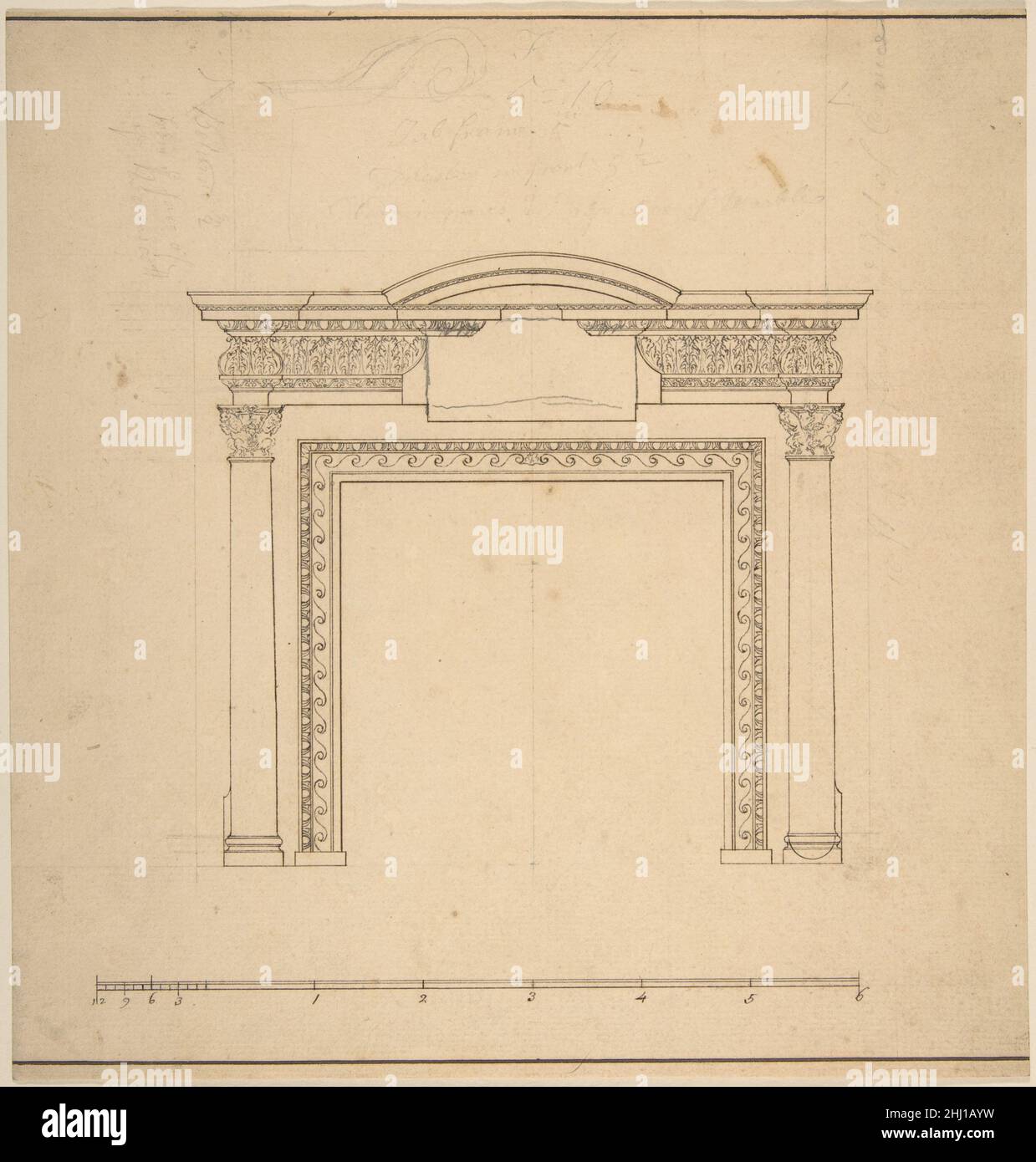 Entwurf für ein Kaminsims mit einem Frieze mit Blumendekoration und mit Tieren geschmückten Kapitellen 1743–96 Sir William Chambers Britisch, geboren Schweden. Entwurf für ein Chimneypiece mit einem Frieze mit Blumendekoration und mit Tieren verzierten Kapitellen 362922 Stockfoto