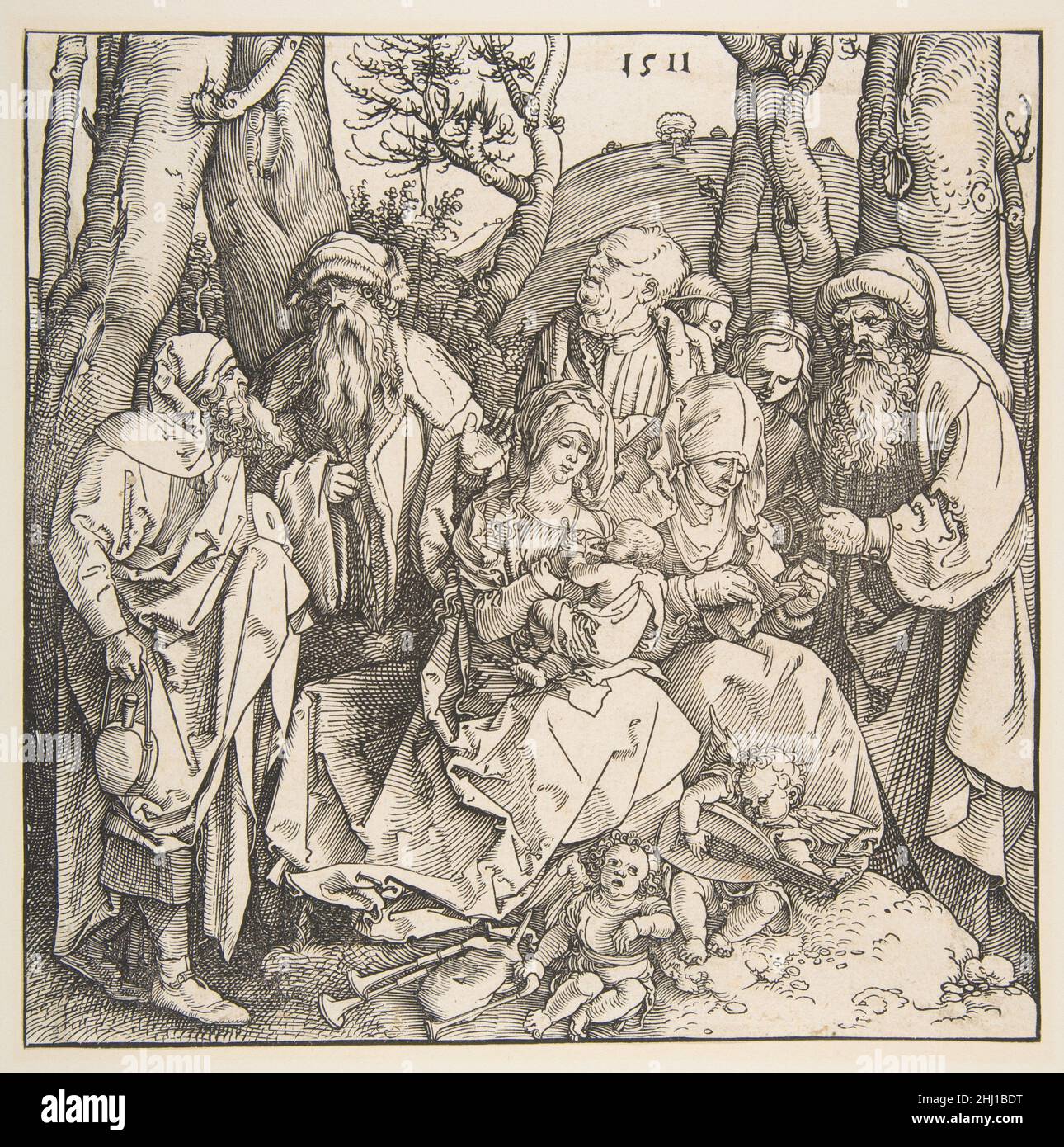 Die Heilige Familie mit Heiligen und zwei musikalischen Engeln 1511 Albrecht Dürer Deutsch. Die Heilige Familie mit Heiligen und zwei musikalischen Engeln 387573 Stockfoto
