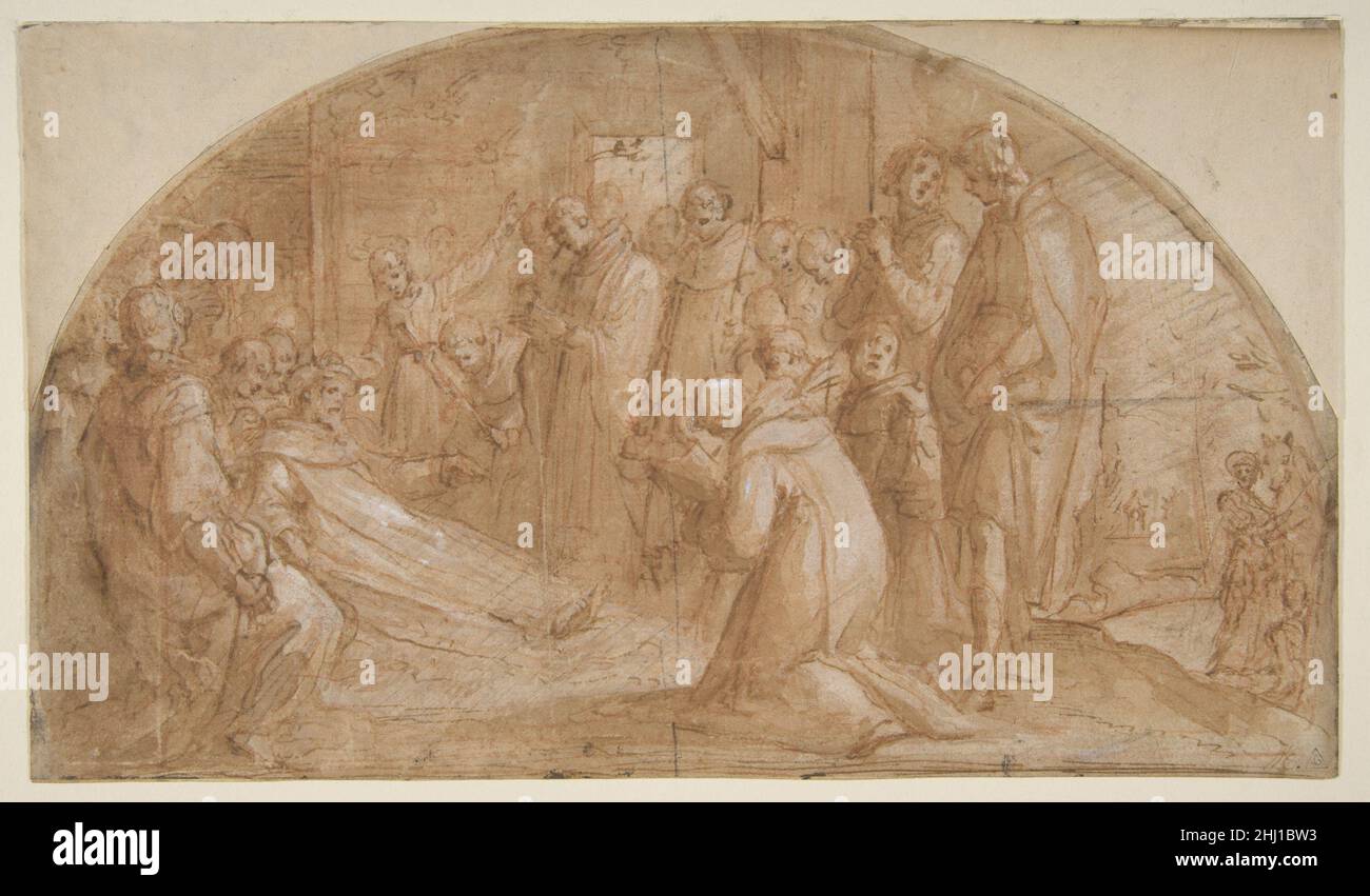 Der Tod des heiligen Alexis Falconieri am Monte Senario 1548–1612 Bernardino Poccetti Italienisch Diese Zeichnung, die den ‘Tod des Alexis Falconieri am Monte Senario’ darstellt, ist eine Studie für eine der um 1606 von Bernardino Poccetti im ‘Chiostro dei Morti’ (Kreuzgang der Toten) mit Fresken bemalten Lünetten. In der Santissima Annunziata, Florenz. Das Fresko ist Teil einer Serie von fünfundzwanzig ähnlich geformten Fresken im großen Kreuzgang, der „Chiostri dei Morti“ genannt wird. Die Fresken behandeln das Leben und den Tod der servitischen Mönche. Nur dreizehn der Fresken wurden von Poccetti gemalt. Andere im Stockfoto