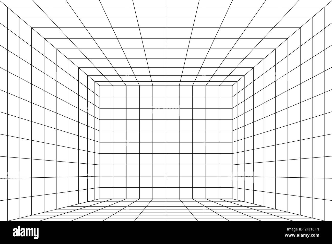 3D perspektivisch digitales Raster des Raumraums mit zwei-Punkt-Perspektive. Weißer leerer geometrischer Cyberspace Studio-Hintergrund. Virtueller dreidimensioneller Scen Stock Vektor