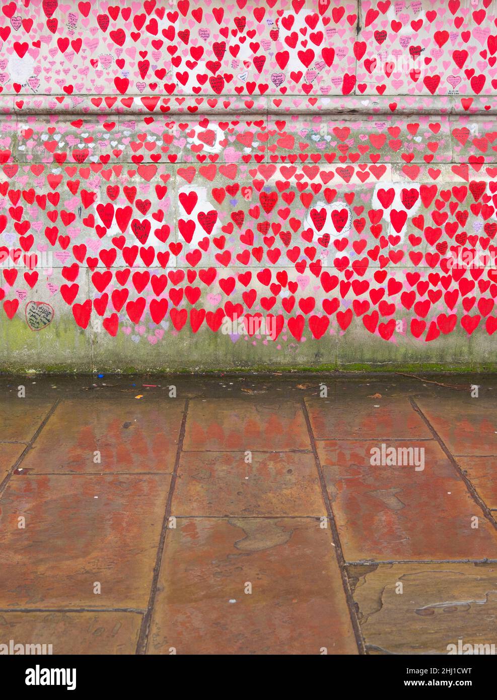 Rote Herzen, die diejenigen repräsentieren, die an Covid-19 gestorben sind, spiegeln sich an der National Covid Memorial Wall auf dem nassen Bürgersteig in London wider. Stockfoto