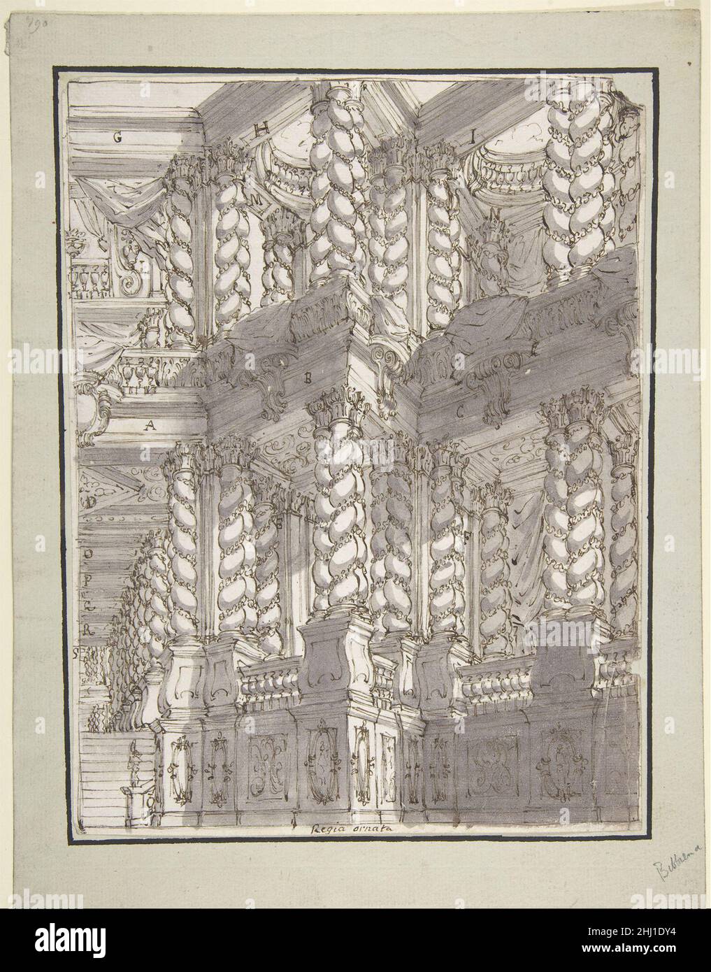 Design für Bühnenbild mit Double Story of Torqued Columns und Balustraden. 1659–1739 Francesco Galli Bibiena Italienisch. Design für Bühnenbild mit Double Story of Torqued Columns und Balustraden. 344000 Stockfoto