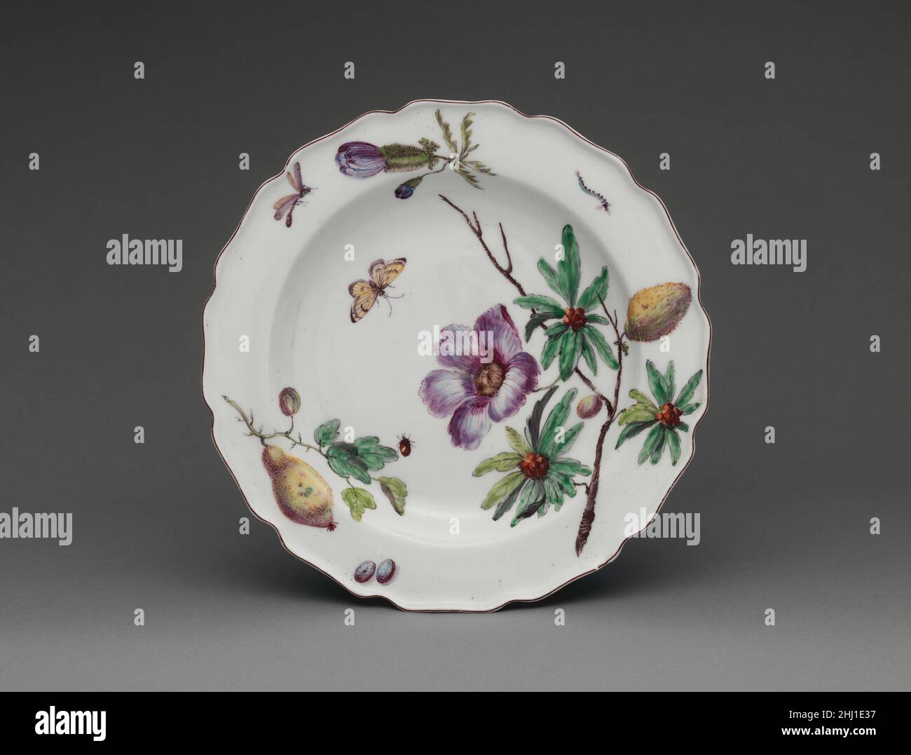 Botanische Platte mit einem tropischen Exemplar ca. 1755 Chelsea Porzellan Manufaktur Diese botanischen Platten (2016,217–.226) wurden um 1755 von der Chelsea Fabrik hergestellt und werden oft als Chelsea 'Hans Sloane' Waren bezeichnet, in Bezug auf den königlichen Arzt, Reisenden, Und Naturhistoriker, die während der britischen Aufklärung dazu beigetragen haben, den Chelsea Physik Garden in ein Zentrum botanischen Wissens zu verwandeln. Mehrere auf diesen Tafeln abgebildete Motive stammen aus botanischen Illustrationen, die von Philip Miller, Kurator des Chelsea Physik Garden, veröffentlicht wurden. Obwohl Blumen und Früchte in der Regel Stockfoto