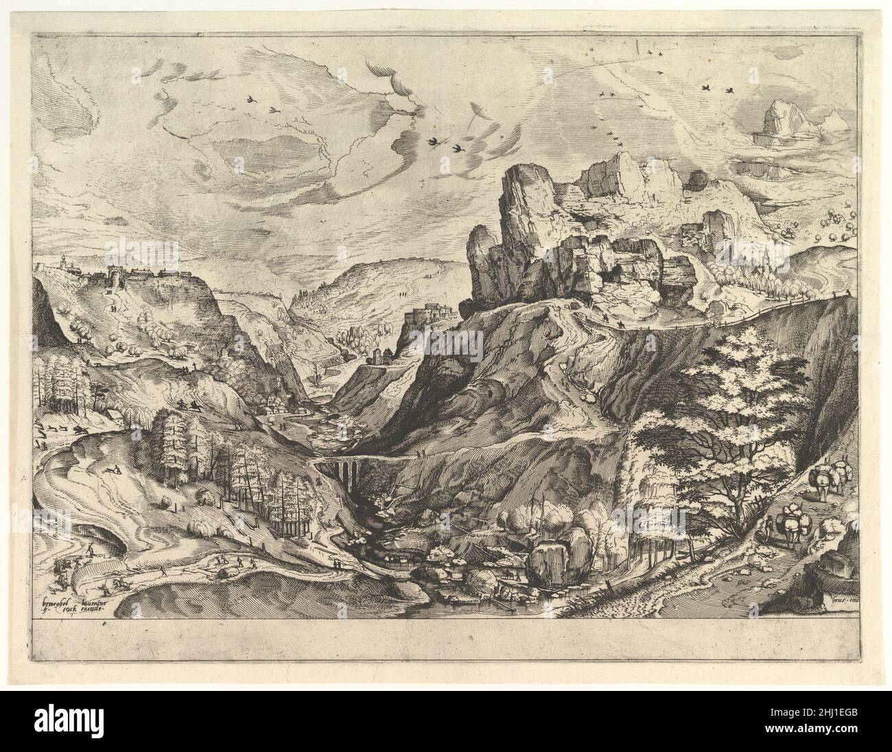 Alpine Landschaft mit einem tiefen Tal aus den großen Landschaften ca. 1555–56 Johannes van Doetecum I Niederländisch. Alpine Landschaft mit einem tiefen Tal aus den großen Landschaften 415681 Stockfoto