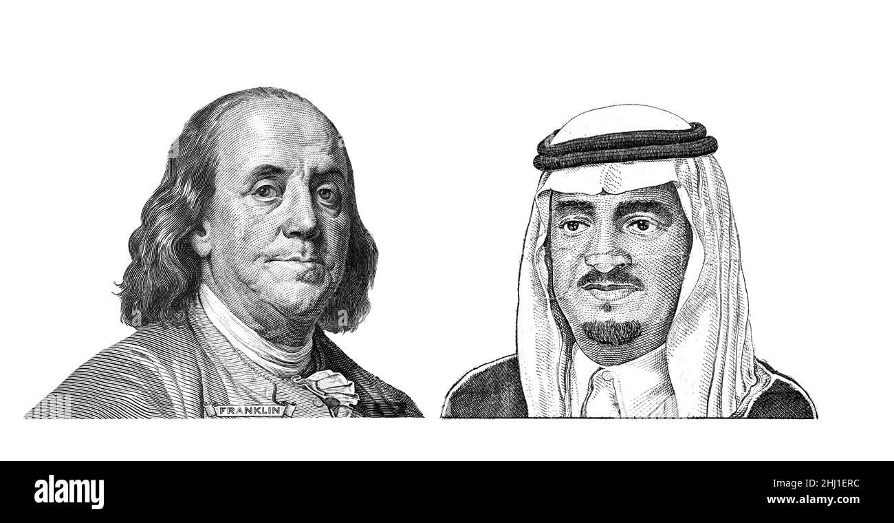 Benjamin Franklin Schnitt auf neue 100-Dollar-Banknote und Mahatma Gandhi Schnitt auf alte 10 indische Rupie für Designzwecke Stockfoto