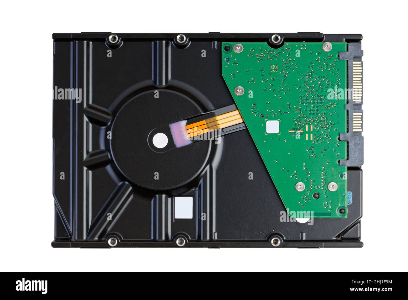 Nahaufnahme des internen SATA-Festplattenlaufwerks (HDD), isoliert auf Weiß. Stockfoto