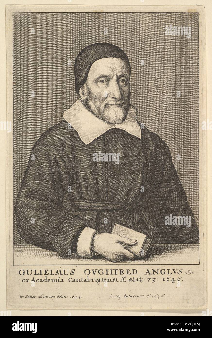 William Oughtred (Frontispiz aus William Oughtreds 'der Schlüssel der Mathematicks New Forged and Filed', 1647) 1644 Wenceslaus Hollar Böhmisches Porträt von William Oughtred, Rektor und Mathematiker, halblang, 73 Jahre alt, mit Schädelkappe, Kragen und Kleid, und hält ein Buch.. William Oughtred (Frontispiz aus William Oughtred's 'der Schlüssel der Mathematicks New Forged and Filed', 1647) 361512 Stockfoto
