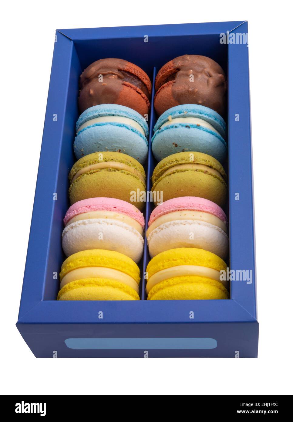 Exklusive Makronen in blauer Box-Kollektion mit Geschmack Stockfoto