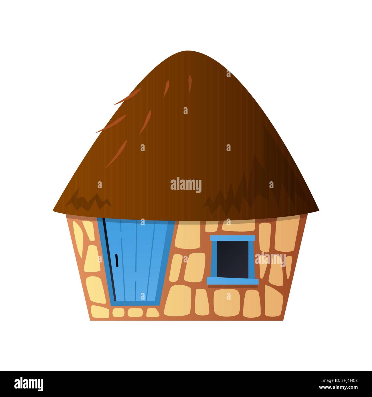Tonhütte - flaches Design-Objekt auf weißem Hintergrund. Schickes, detailreiches Bild der Hütte mit Reetdach. Afrikanische Lodge. Unzuverlässige Konstruktion, te Stock Vektor