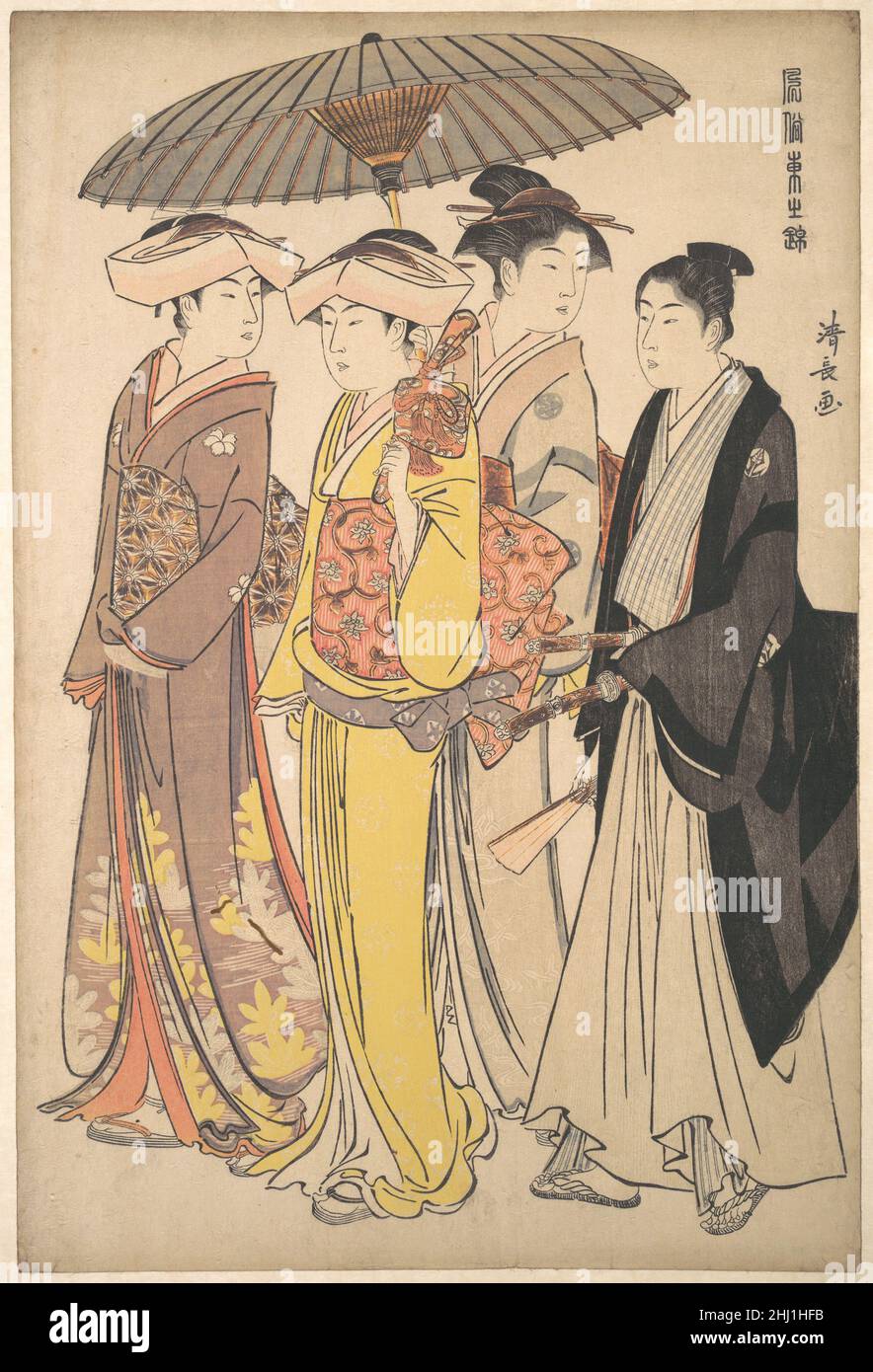 Eine Dame aus einem Samurai-Haushalt mit drei Teilnehmern, aus der Serie A Brocade of Eastern Manners (Fūzoku Azuma no nishiki) ca. 1820 Torii Kiyonaga Japanisch. Eine Dame aus einem Samurai-Haushalt mit drei Teilnehmern, aus der Serie A Brocade of Eastern Manners (Fūzoku Azuma no nishiki) 56751 Stockfoto