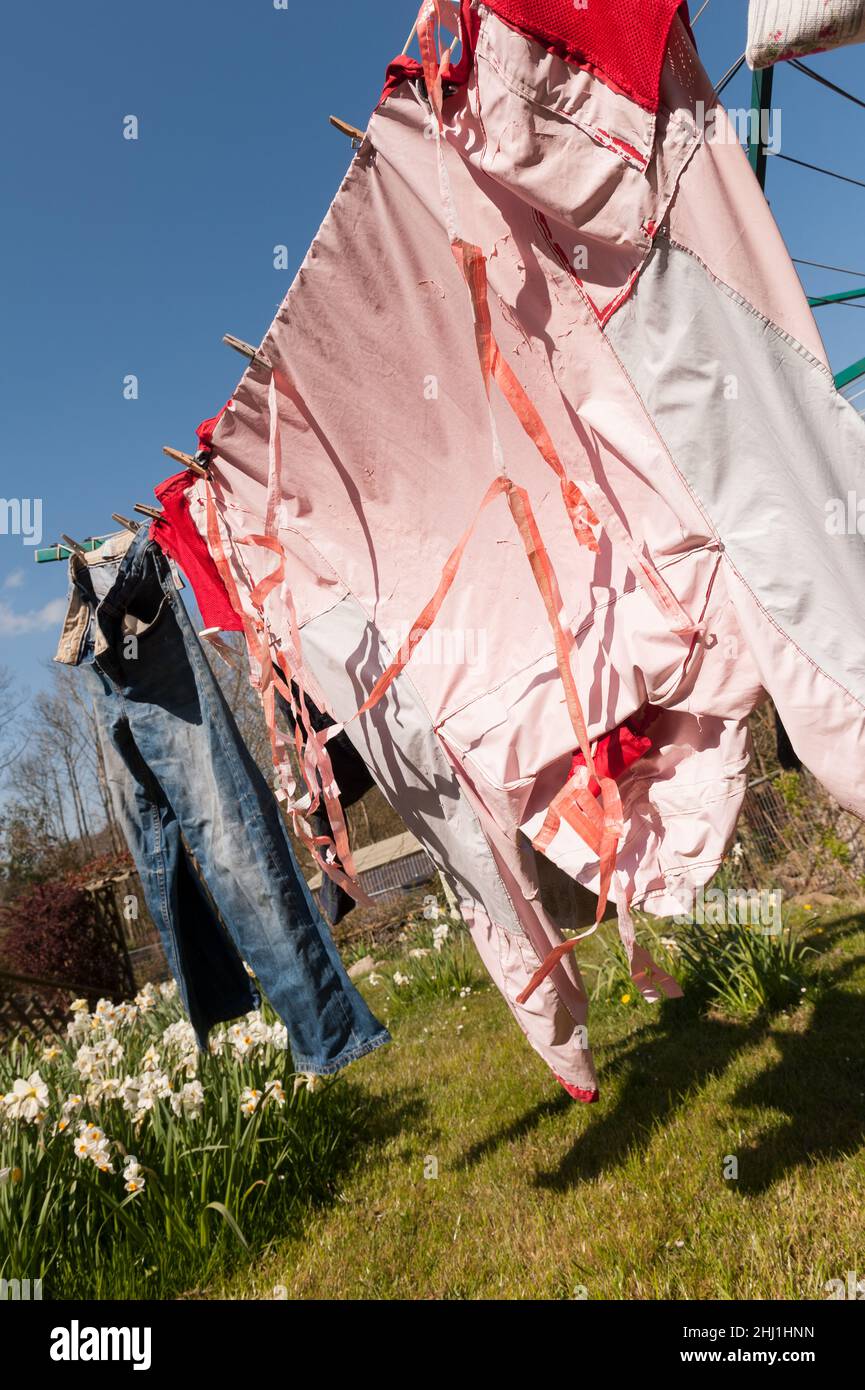 Falscher Waschzyklus und falsche Kochstufe beim Waschzyklus, was dazu führt, dass die Imprägnierung der Regenjacke ruiniert wird, die Nähte abplatzen Stockfoto