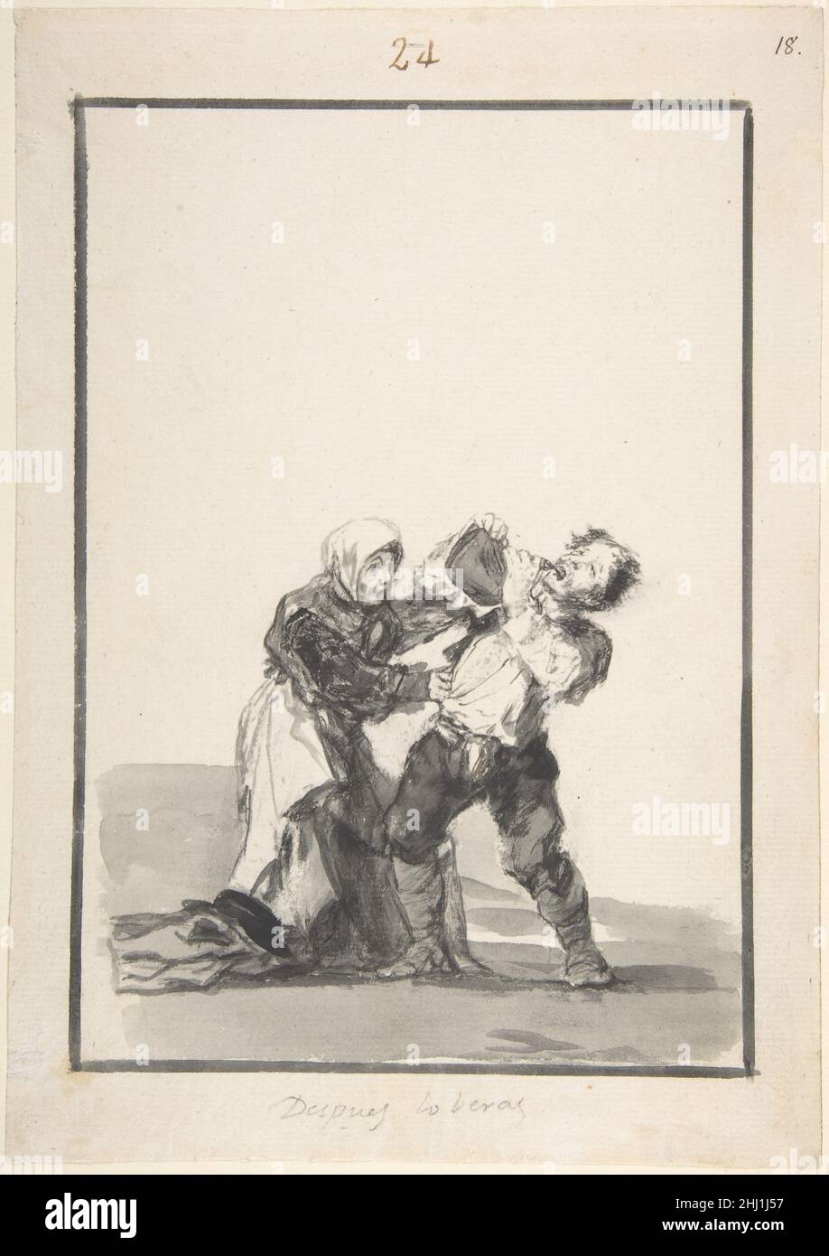 „You'll See later“; ein Mann trinkt, eine Frau versucht, ihn aufzuhalten; Seite 24 aus dem Black Border Album (E) ca. 1816–20 Goya (Francisco de Goya y Lucientes) während Goyas Arbeiten erscheint das spanische Trinken als Schmiermittel für den gesellschaftlichen Austausch, als Metapher für den Kontrollverlust und als Auftakt zu Gewalt. Auf dieser Zeichnung greift eine Frau einen betrunkenen Mann an, der, mit festen Füßen und gewölbtem Rücken, Wein aus einer großen Haut in den Mund spritzt. Die Bildunterschrift erschwert das Motiv. In Bezug auf einen zukünftigen Moment spielt er auf das Ergebnis des unkontrollierten Alkoholkonsums des Mannes an, aber was könnte das sein? Der Stockfoto