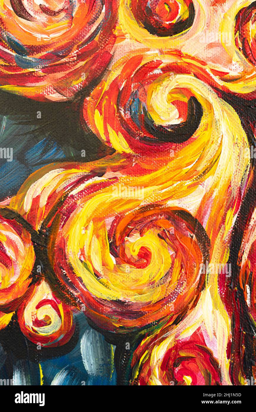 Rote und gelbe Striche von Acrylfarbe auf Leinwand in Form von Spiralen Stockfoto