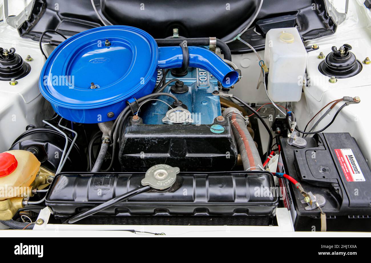 Ford Escort MK1 Mexico Engine Bay. Stockfoto