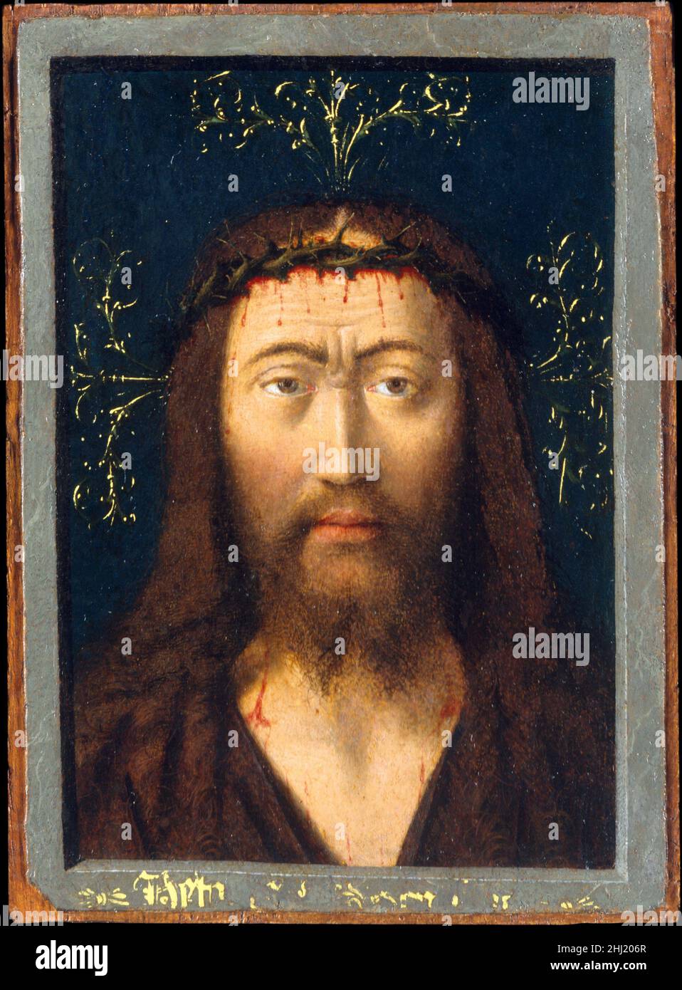 Das Haupt Christi ca. 1445 Petrus Christus Niederlandisch Dieses intime Bild des Hauptes Christi, das zur privaten Verehrung bestimmt ist, stammt aus einem verlorenen Bild des Heiligen Antlitzes von Jan van Eyck, das heute nur noch durch Kopien bekannt ist. Petrus Christus behandelte den Kopf nach der Komposition Eyckis wie ein Porträt, indem er ihn mit einem fiktiven Rahmen umgab und damit die physische Unmittelbarkeit Christi untermauert. Seine Darstellung unterscheidet sich jedoch von dem Prototyp, indem er Christus mit furnierter Stirn, der Dornenkrone und Blutstropfen, die auf seiner Stirn und auf seiner Brust abfließen, darstellt. Diese Details stimulierten ein Stockfoto Das Haupt Christi ca. 1445 Petrus Christus Niederlandisch Dieses intime Bild des Hauptes Christi, das zur privaten Verehrung bestimmt ist, stammt aus einem verlorenen Bild des Heiligen Antlitzes von Jan van Eyck, das heute nur noch durch Kopien bekannt ist. Petrus Christus behandelte den Kopf nach der Komposition Eyckis wie ein Porträt, indem er ihn mit einem fiktiven Rahmen umgab und damit die physische Unmittelbarkeit Christi untermauert. Seine Darstellung unterscheidet sich jedoch von dem Prototyp, indem er Christus mit furnierter Stirn, der Dornenkrone und Blutstropfen, die auf seiner Stirn und auf seiner Brust abfließen, darstellt. Diese Details stimulierten ein Stockfoto