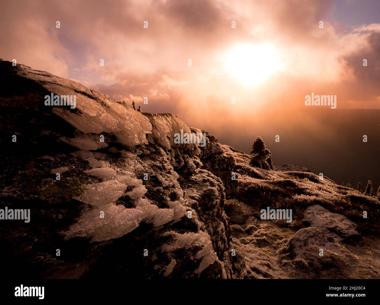 Raue Landschaft auf einer Bergkette der Jeseniky-Berge mit verkümmerten Bäumen, die im Spätherbst mit Reim bedeckt sind. Wolken und Sonnenlicht, Tageslicht. Jeseniky Stockfoto