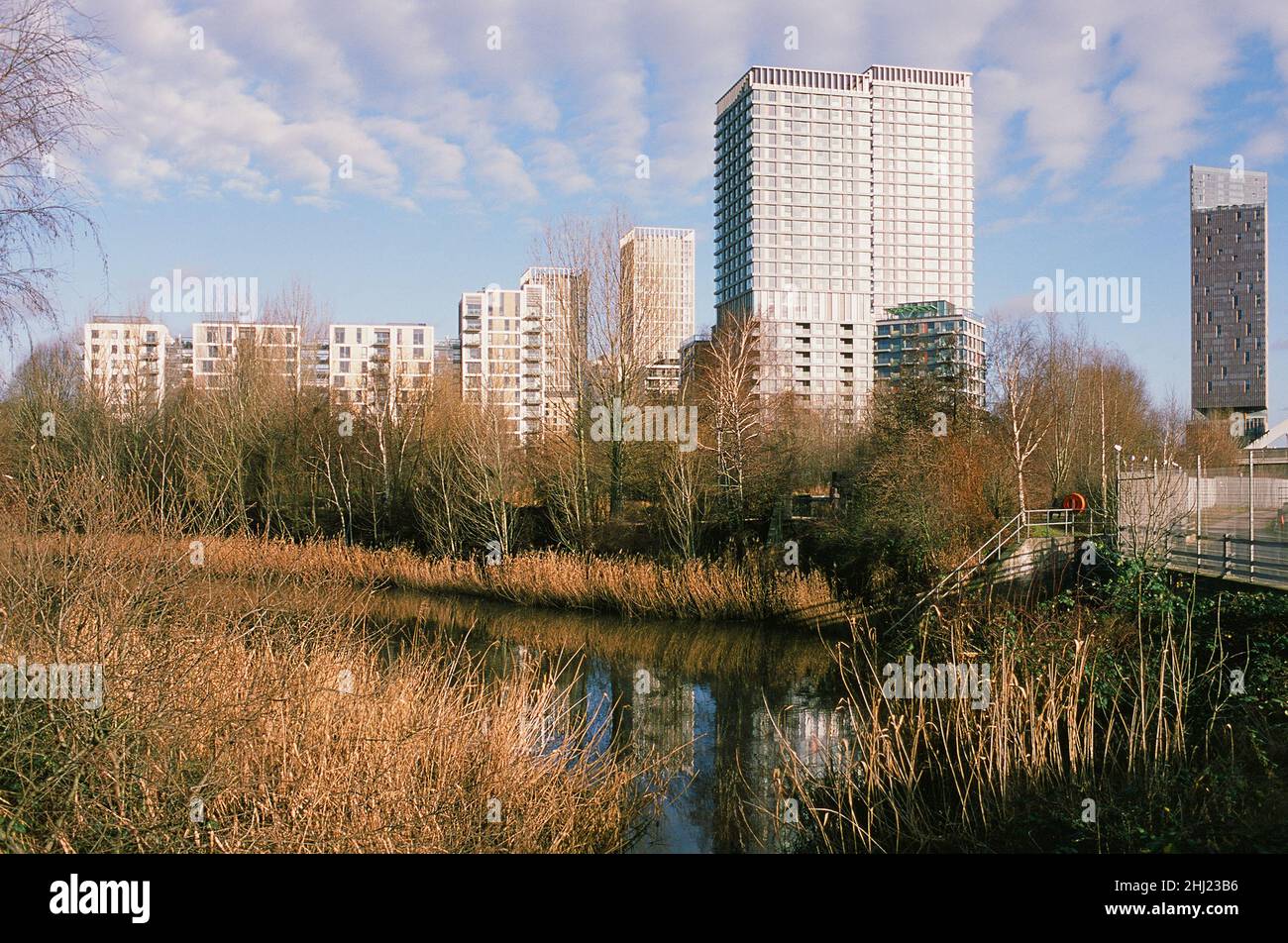 Neue Apartmentgebäude in Stratford, East London, Großbritannien, vom Wetlands Walk im Winter im Olympic Park aus gesehen Stockfoto