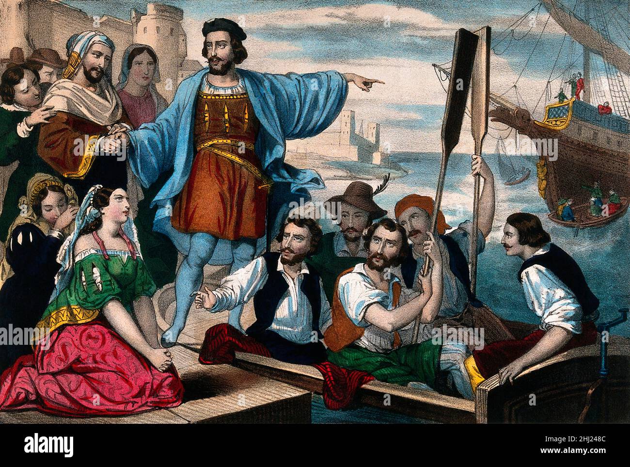 Christopher Columbus und seine Crew verlassen den Hafen von Palos, Spanien; 1492, digital optimiert Stockfoto