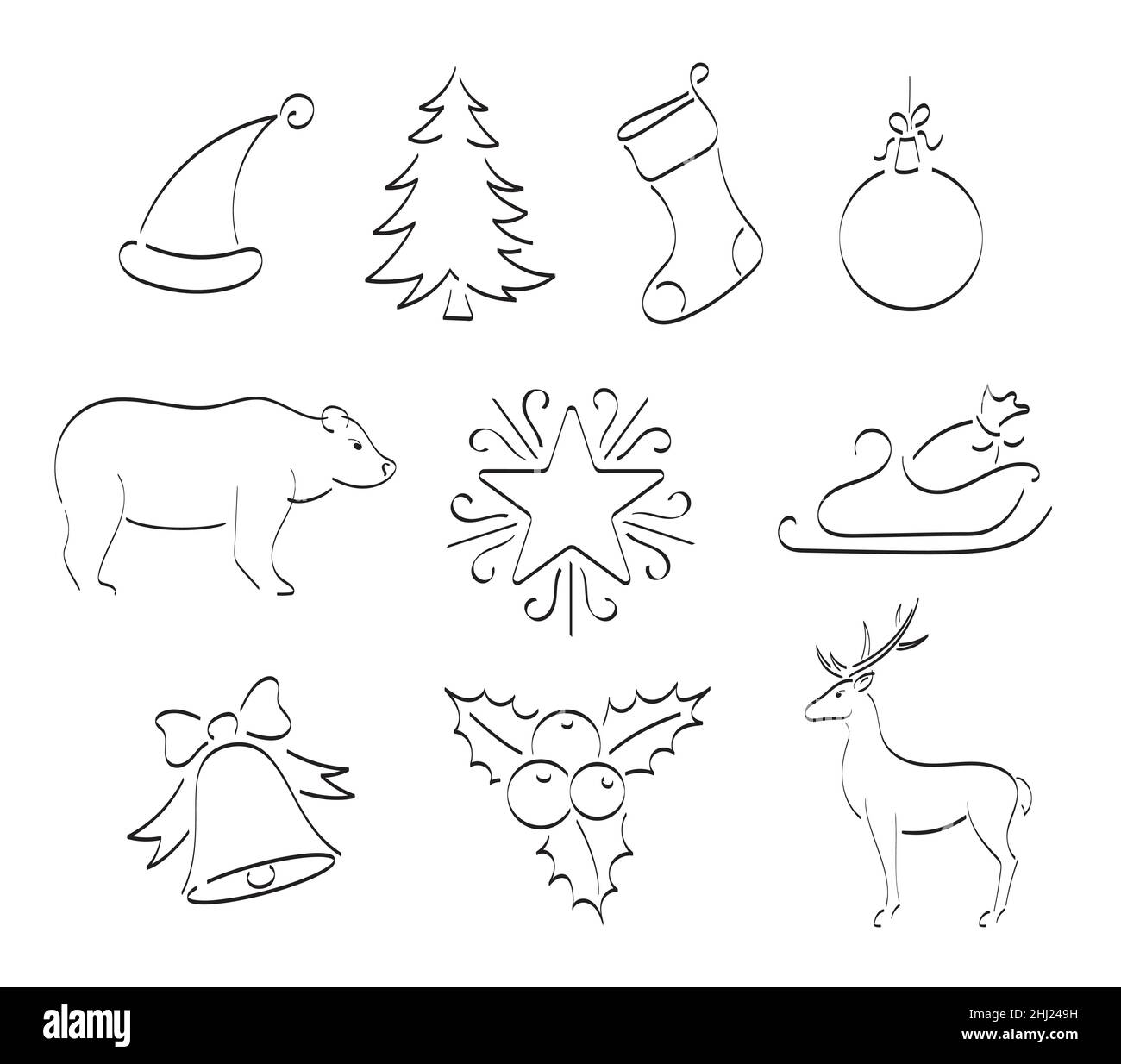 Schwarzer Umriss Satz von Neujahr und weihnachten Symbole in Tinte gezeichnet Stock Vektor