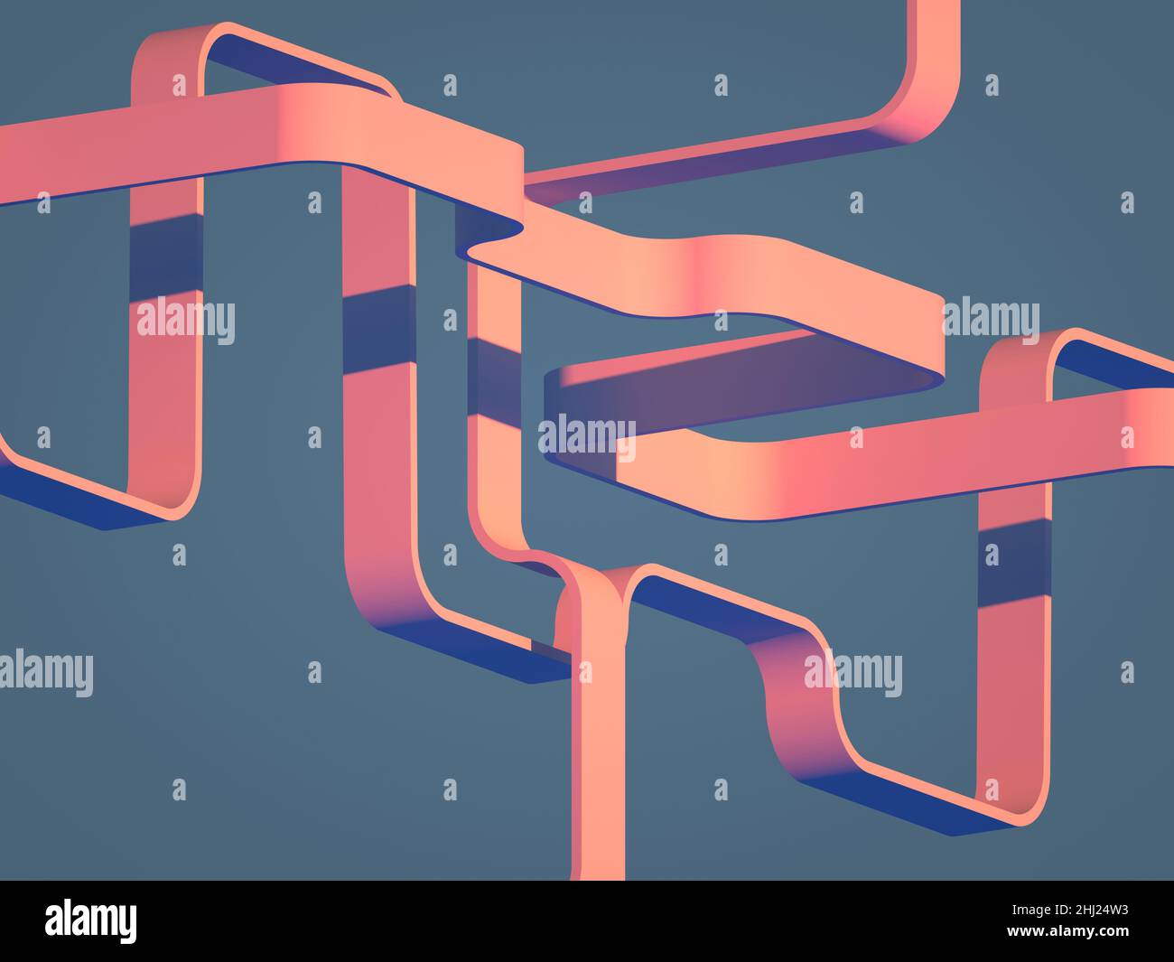 Abstrakter geometrischer Hintergrund mit gebogenen rosa Streifen Installation, 3D Rendering Illustration Stockfoto