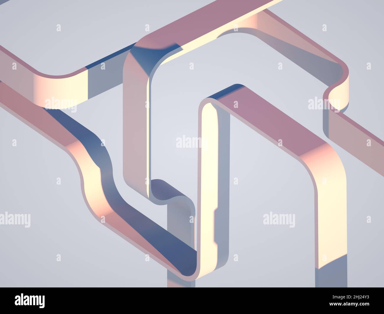 Abstrakter geometrischer Hintergrund mit verbogenen Streifen Installation, isometrische Ansicht, 3D Rendering Illustration Stockfoto
