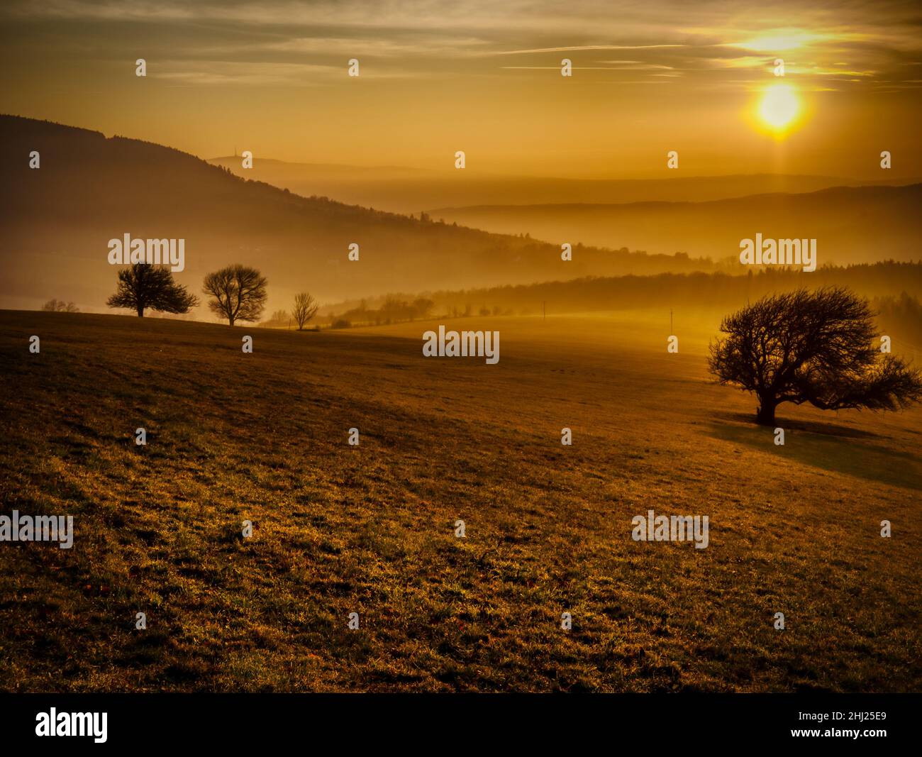 Malerische hügelige Landschaft mit einsamen Bäumen bei Sonnenuntergang, Blick auf das Tal, blauer Himmel mit hohen Wolken, Sonne. Herbstabend. Weiße Karpaten mountai Stockfoto