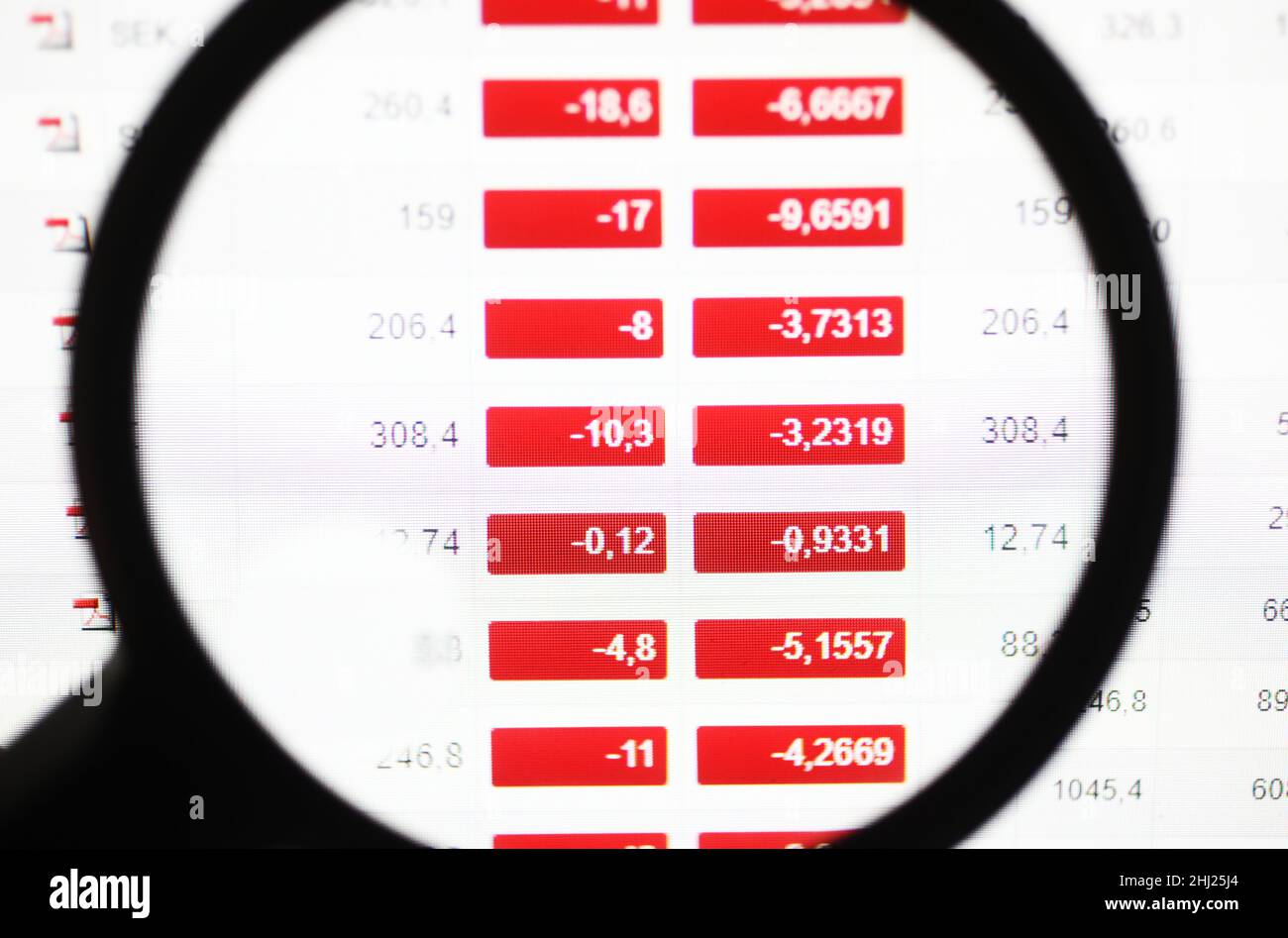 Der Stockholmer Nasdaq fällt am Montag und bricht um mehr als 5 Prozent zusammen. Bedenken wegen höherer Zinsen und des Ukraine-Konflikts erklären den Börsencrash am Montag, so mehrere Experten.das Bild zeigt die roten Aktienkurse auf OMX Stockholm 30. Stockfoto