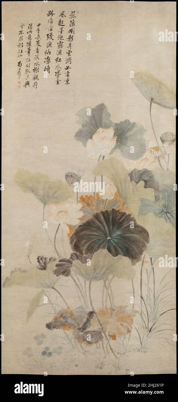 Lotusblumen an einem Sommerabend vom 1684, der Yun Shouping Chinese Lotuses zugeschrieben wird, eine Tour de Force von „ohne Knochen“ (Farbwäschen ohne Farbumrisse) Malerei auf Papier, zeigt Yun als den brillantesten und feinsten Koloristen seiner Zeit. Obwohl die Darstellung an den Realismus der Blumenbilder der Song Painting Academy erinnert, besteht der Künstler in seinem Kolophon darauf, dass er „der Neigung [seiner] Pinselarbeit gefolgt ist, Punkte und Waschungen zu machen, von erheiternden Unfällen profitiert und nicht nach physischer Wahrnahme sucht.“ Lotos an einem Sommerabend 41486 Stockfoto