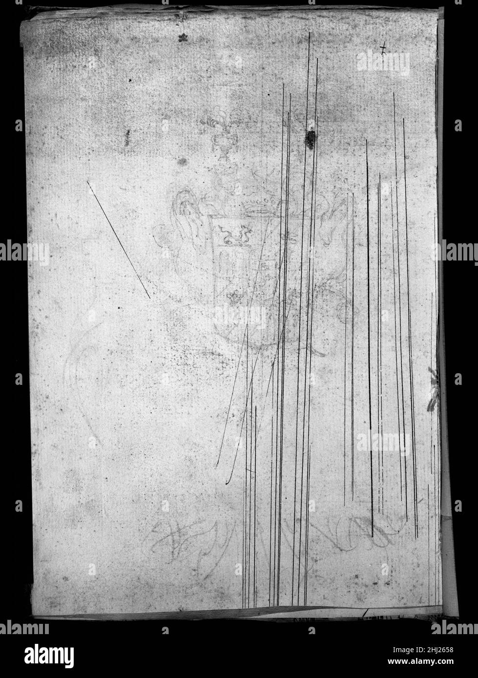 Album der Zeichnungen 1678–1736 Filippo Juvarra Italienisch Dieses Album enthält eine Sammlung von Zeichnungen von Juvarra, einem berühmten Architekten, der Turin im frühen 18. Jahrhundert umgestaltete. Einige der eindrucksvollsten unter den architektonischen Skizzen sind Entwürfe für idealisierte Stadtlandschaften, die gelegentlich so groß sind, dass ein ausklappbarer Bogen erforderlich ist. Diese Zeichnungen wurden oft als Bühnenbilder interpretiert und wurden auch als Kunstwerke für sich selbst geschätzt, um sowohl Phantasie als auch Geschick zu demonstrieren. Album der Zeichnungen 343243 Stockfoto