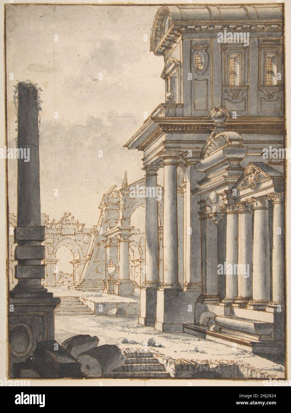 Fassade und Ruinen 1730–66 zugeschrieben Mauro Antonio Tesi Italienisch. Fassade und Ruinen 341591 Stockfoto