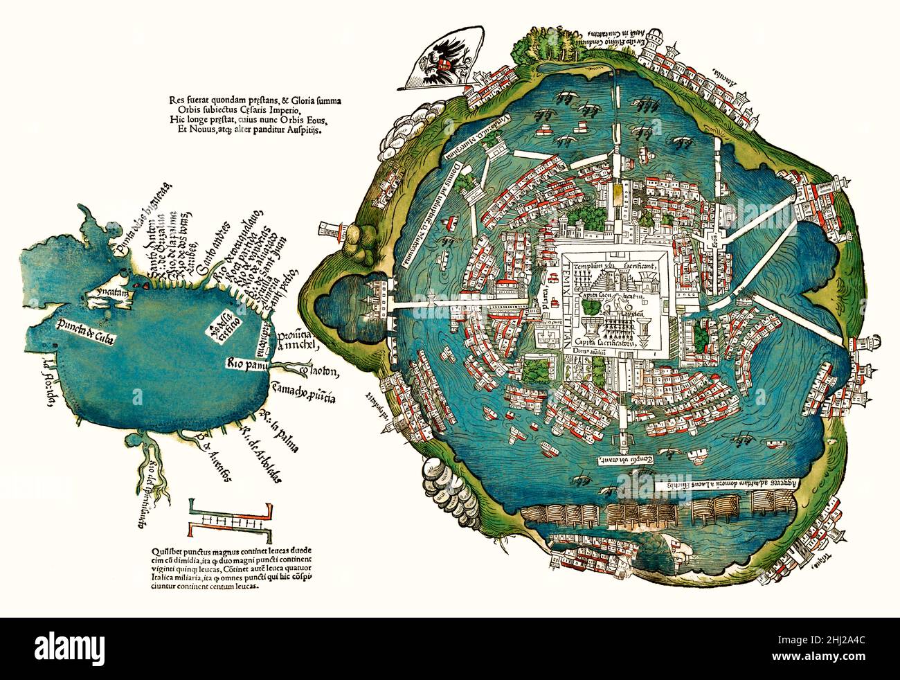 Plan der aztekischen Stadt Tenochtitlán (heute Mexiko-Stadt) von Hernán Cortés, 1520, Fax, digital restauriert Stockfoto