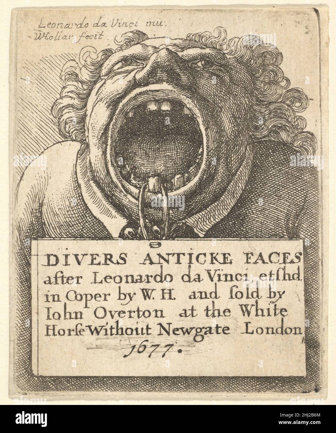 Titelseite, Divers Anticke Faces 1677 Wenceslaus Hollar Bohemian Titelseite zu 'Divers Anticke Faces', beschriftet mit Titel auf Tablette, an einer Schnur aufgehängt, die über den Zahn eines Mannes geschlungen ist, sein Mund weit geöffnet, Kopf und Schultern nach vorne gezeigt; nach Leonardo da Vinci. Titelseite, Divers Anticke Faces 360804 Stockfoto