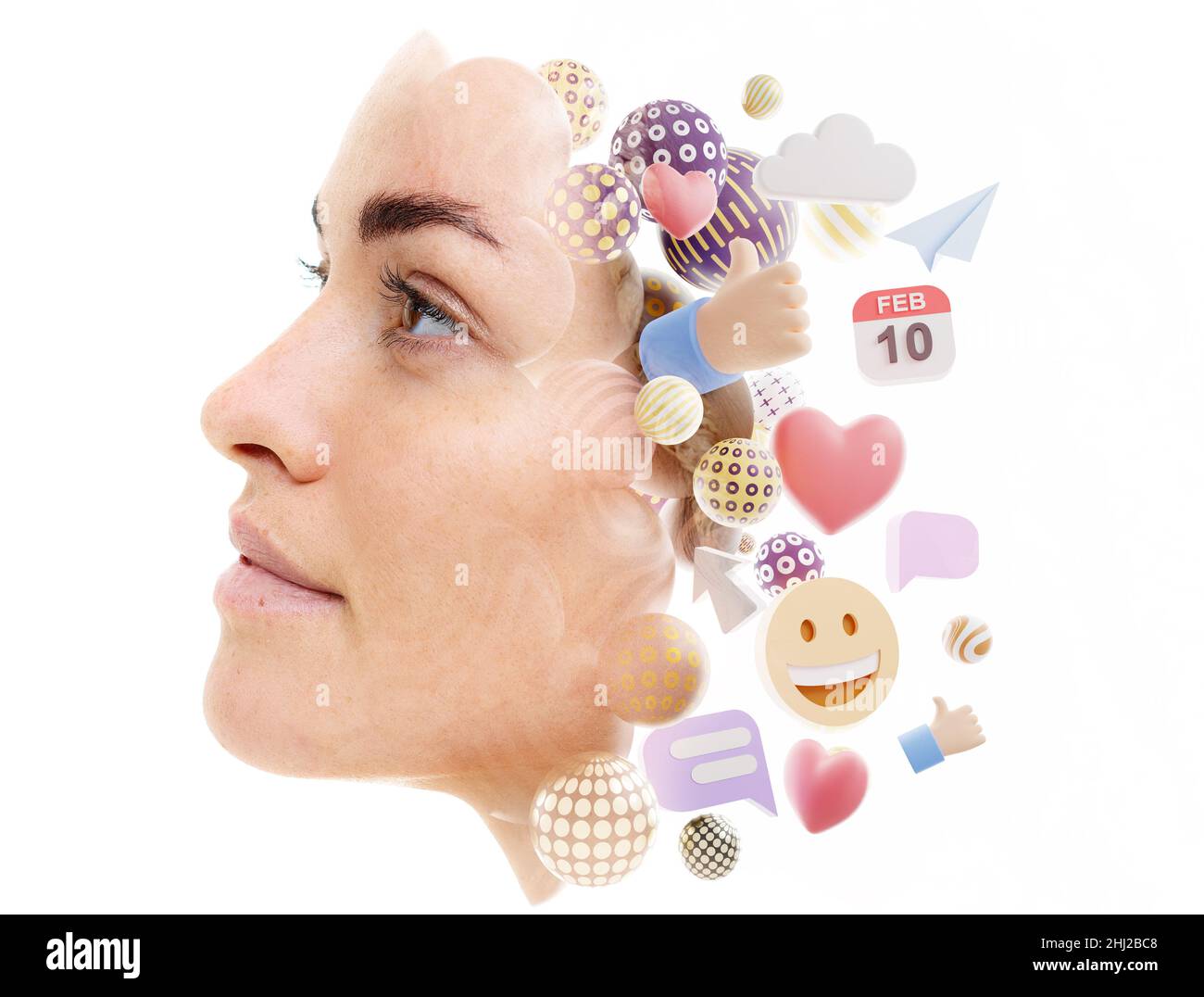 Ein Porträt einer Frau kombiniert mit 3D Figuren in einer Doppelbelichtungstechnik. Stockfoto