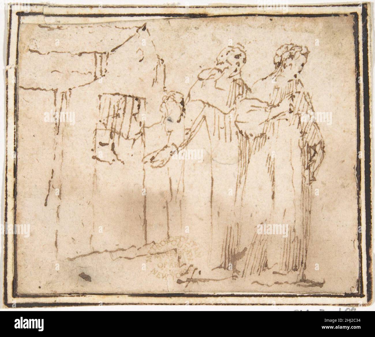 Zwei Klosterfiguren stehen vor einer Kirche 1624–63, die Francesco Allegrini Italienisch zugeschrieben werden. Zwei Klosterfiguren stehen vor einer Kirche 338027 Stockfoto