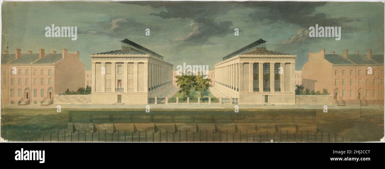 Nicht ausgeführtes Design für blockübergreifende Terrassenentwicklung (Perspektive) ca. 1831 Alexander Jackson Davis American mit diesem innovativen Design präsentierte Davis ein neues Konzept für das Gewächshaus, das zwei lange Reihen quer durch den Block führt und sich über einem offenen zentralen Gericht gegenübersieht. Die Dächer waren mit Gehwegen ausgestattet, die für angenehme Spaziergänge gedacht waren. Nicht ausgeführtes Design für blockübergreifende Terrassenentwicklung (Perspektive) 339854 Stockfoto