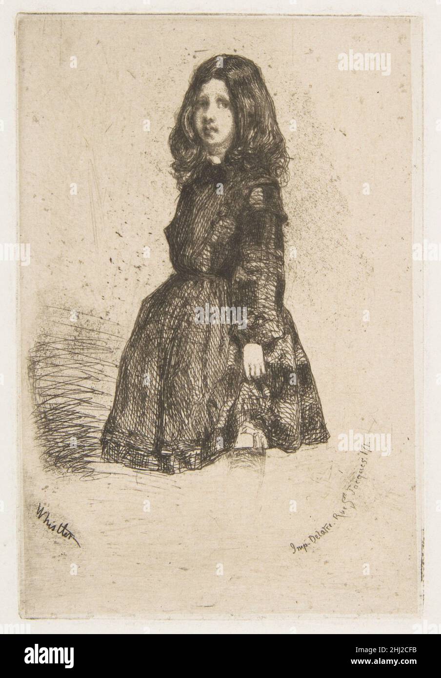 Annie 1858 James McNeill Whistler American Anfang 1858 ging Whistler von Paris nach London, um sich von einem schweren Sturz zu erholen und blieb bei seiner Schwester Deborah und ihrem Mann Seymour Haden. Als begnadeter Radierer ermutigte er die ersten ernsthaften Bemühungen des Künstlers im Medium. Dieses Beispiel konzentriert sich auf Whistlers Nichte und betont ein abstraktes Muster aus Dunkeln und Lichtern über der Porträtfotografie, wobei die Beine der Figur weggelassen werden. Im November 1858 nahm Whistler den Druck in sein erstes veröffentlichtes Set auf, "Douze Eau-fortes d'Apres Nature" ("zwölf Radierungen aus der Natur"), bekannt als das "französische Set". Annie 37247 Stockfoto