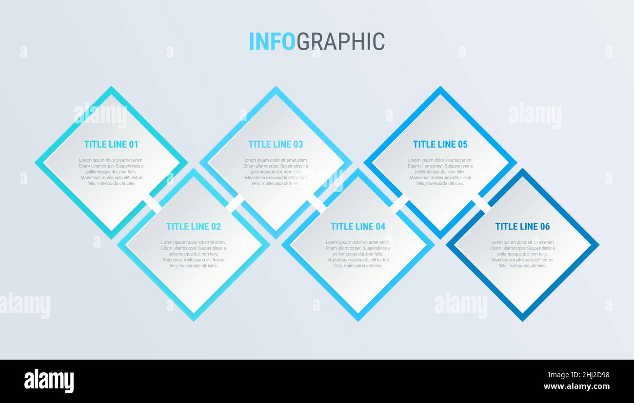 Blaues Diagramm, Infografik-Vorlage. Zeitachse mit 6 Schritten. Quadratischer Workflow-Prozess für Unternehmen. Vektordesign. Stock Vektor