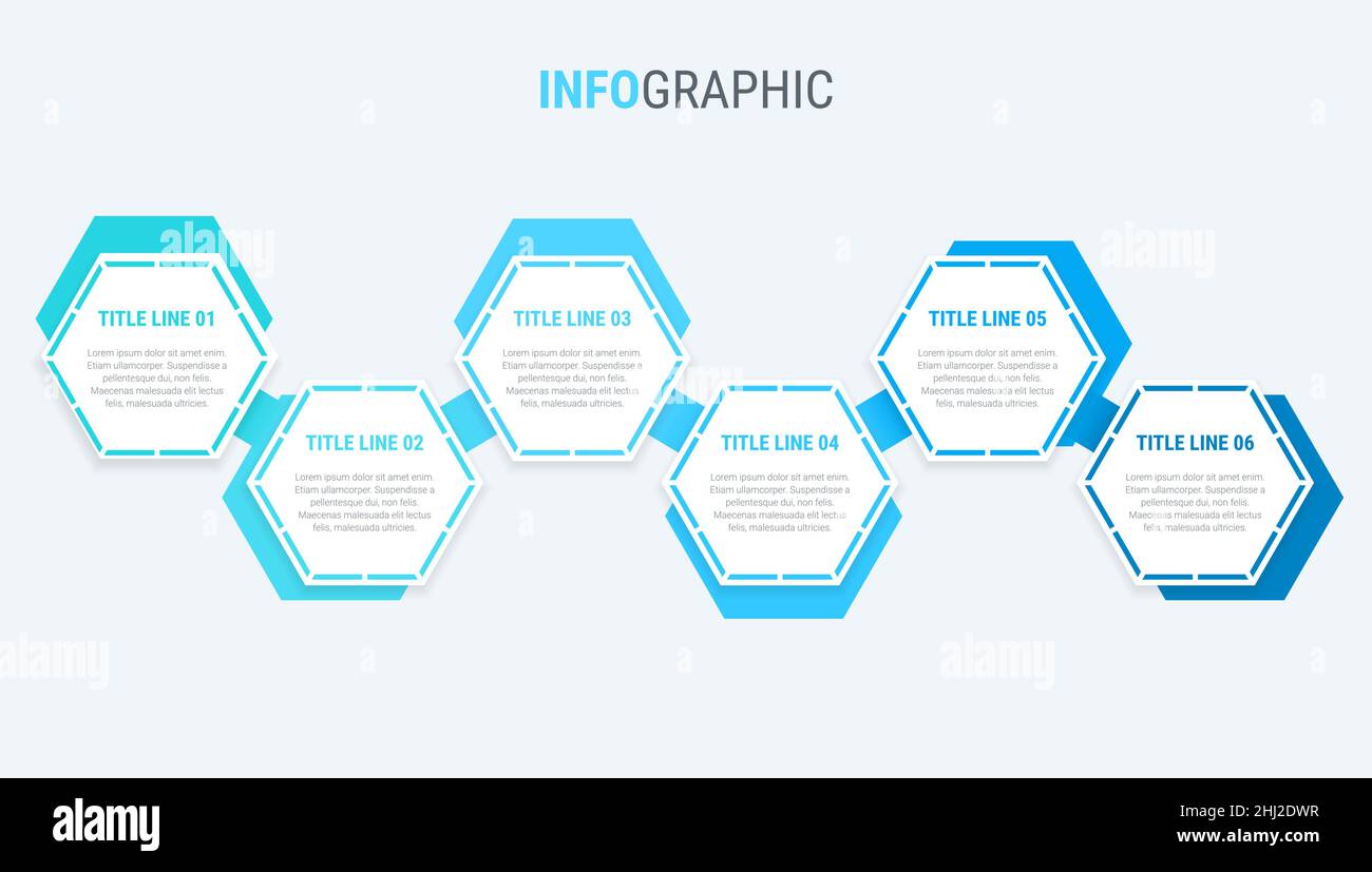 Blaues Diagramm, Infografik-Vorlage. Zeitachse mit 6 Optionen. Honeycomb Workflow-Prozess für Unternehmen. Vektordesign. Stock Vektor