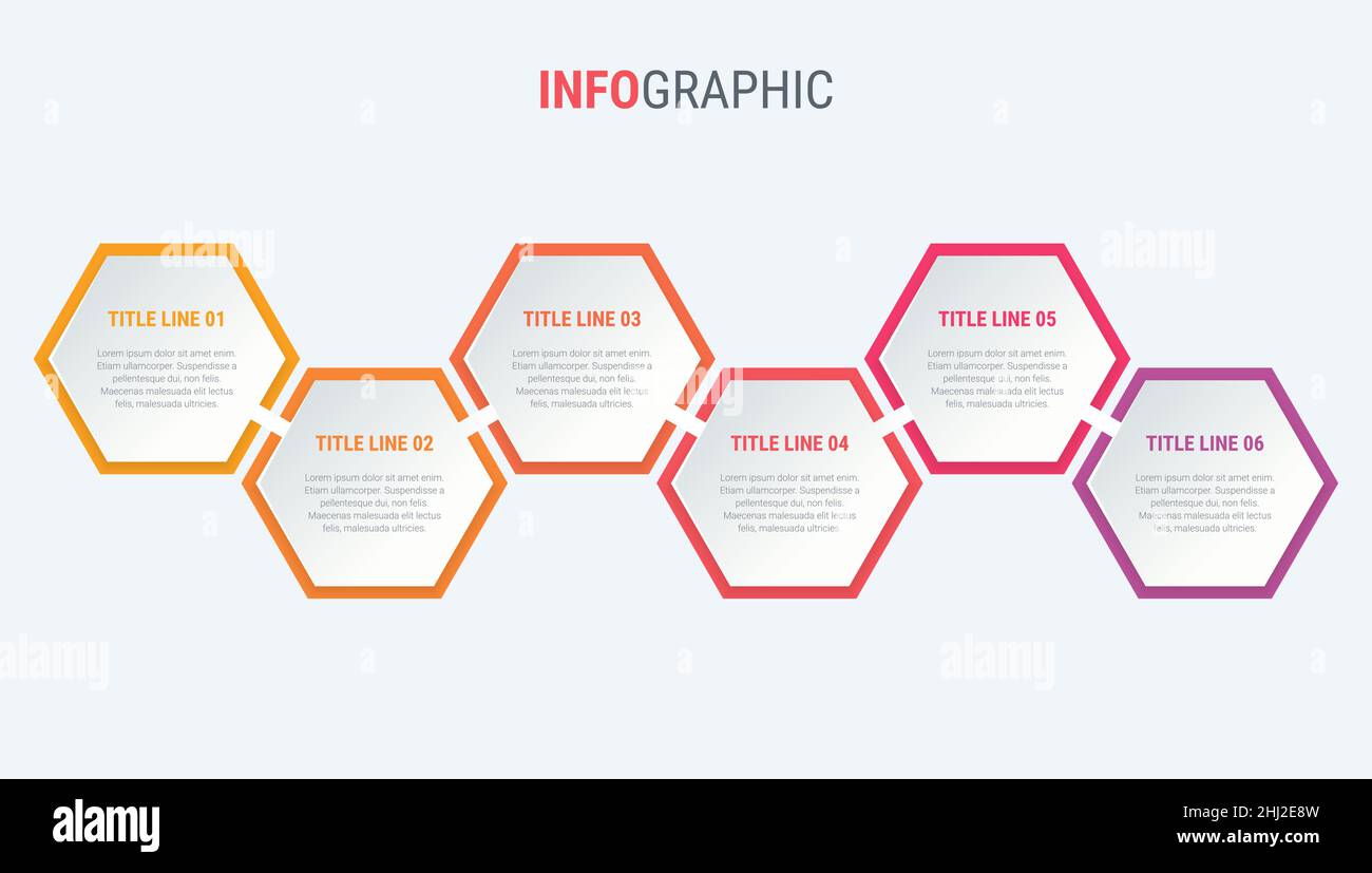 Rotes Diagramm, Infografik-Vorlage. Zeitachse mit 6 Schritten. Honeycomb Workflow-Prozess für Unternehmen. Vektordesign. Stock Vektor
