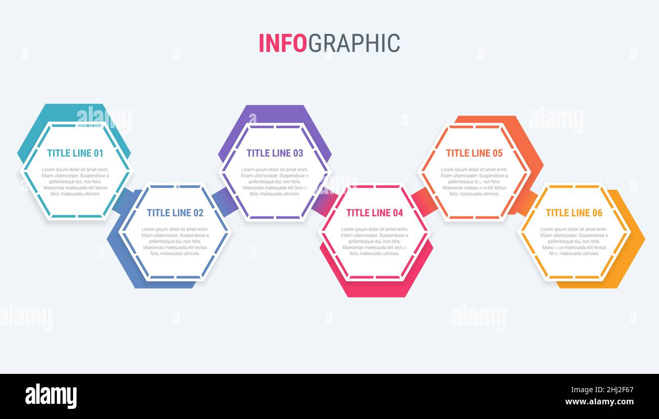 Farbenfrohes Diagramm, Infografik-Vorlage. Zeitachse mit 6 Schritten. Honeycomb Workflow-Prozess für Unternehmen. Vektordesign. Stock Vektor