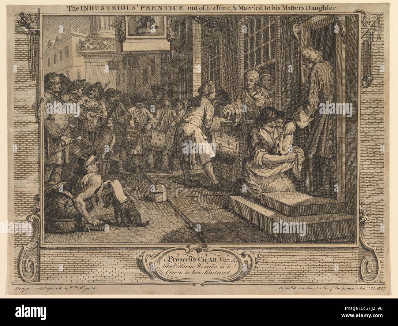 Der fleißige 'Prentice aus seiner Zeit und verheiratet mit seiner Master's Tochter: Industrie und Müßiggang, Platte 6 30. September 1747 William Hogarth British. Der fleißige 'Prentice aus seiner Zeit und heiratete mit der Tochter seines Meisters: Industrie und Müßiggang, Tafel 6 398589 Stockfoto