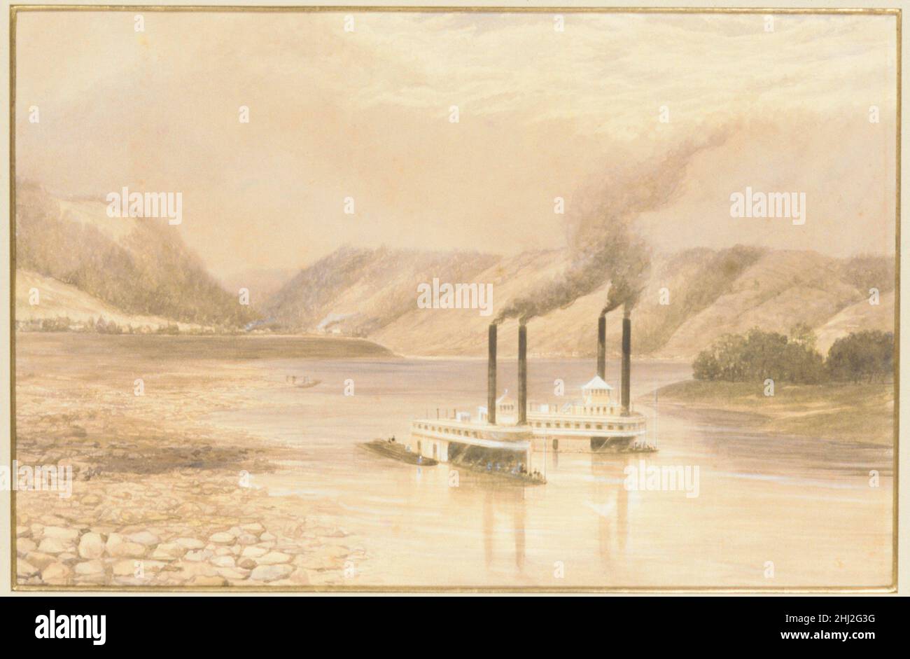 The Ohio River near Wheeling, West Virginia 1859–60 Lefevre James Cranstone Britisch der englische Genre-Künstler Cranstone besuchte die Vereinigten Staaten für weniger als ein Jahr kurz vor dem Bürgerkrieg und produzierte Hunderte von Farb- und Aquarellansichten von Washington, D.C., Niagara Falls, Und Standorte in Indiana und West Virginia. Die meisten überlebenden Zeichnungen fanden ihren Weg in öffentliche Sammlungen in Indiana und Boston. Cranstones Interesse am Dampfschiffverkehr entlang des Ohio River könnte durch Charles Dickens’ Bericht über Reisen entlang der Wasserstraße inspiriert worden sein, der in seinen „American Notes“ von 1 veröffentlicht wurde Stockfoto