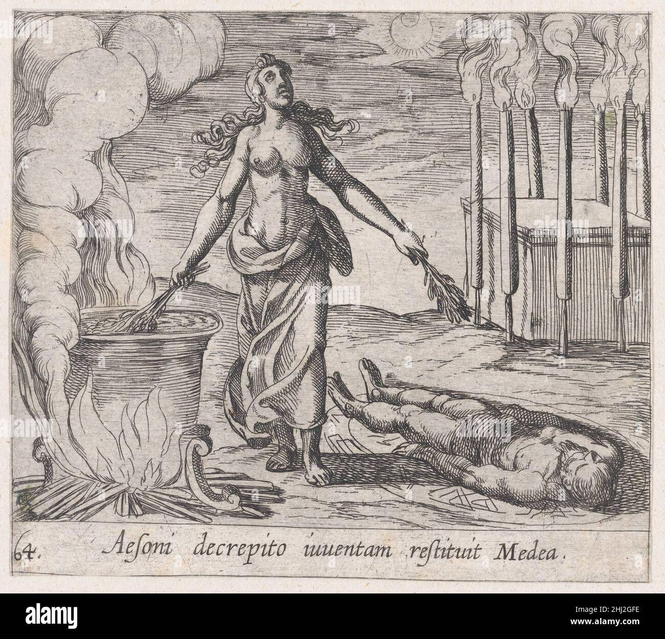 Tafel 64: Medea Wiederherstellung von Aesons Jugend (Aesoni decordito iuventam restituit Medea), aus Ovids 'Metamorphosen' 1606 Antonio Tempesta Italienisch. Tafel 64: Medea Wiederherstellung von Aesons Jugend (Aesoni decordito iuventam restituit Medea), aus Ovids 'Metamorphosen'. Antonio Tempesta (Italienisch, Florenz 1555–1630 Rom). 1606. Radierung. Ausdrucke Stockfoto