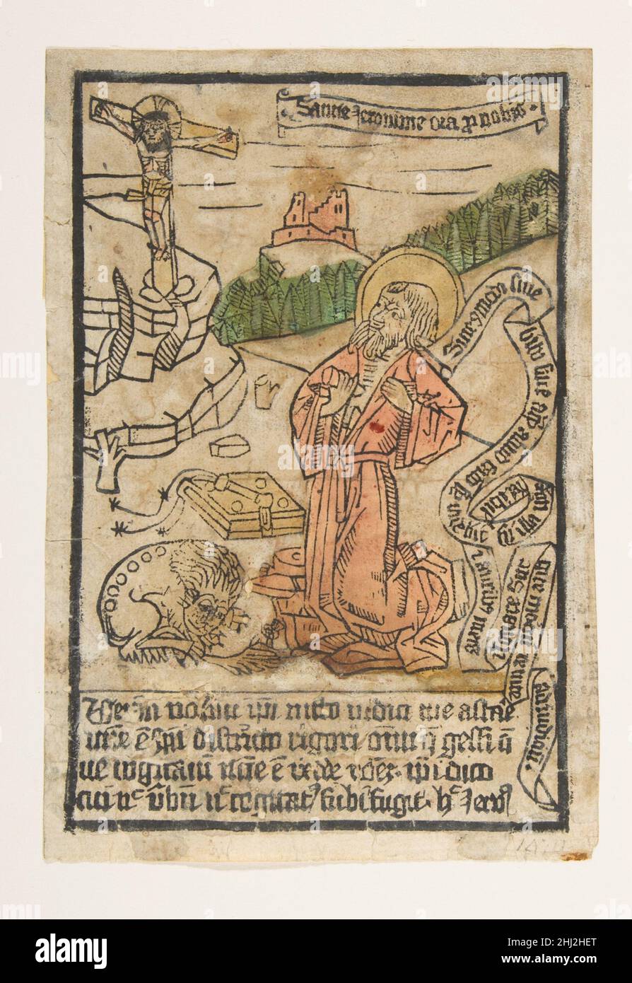 St. Jerome (Schr. 1551m) 15th Jahrhundert Anonym, Deutsch, 15th Jahrhundert Deutsch. St. Jerome (Schr. 1551m) 382440 Künstler: Anonym, deutsch, 15th Jahrhundert, St. Jerome (Schr. 1551m), 15th Jahrhundert, Holzschnitt, handfarbig, Blatt: 7 3/4 x 5 3/8 Zoll (19,7 x 13,6 cm). Das Metropolitan Museum of Art, New York. Vermächtnis von James Clark McGuire, 1930 (31.54.138) Stockfoto